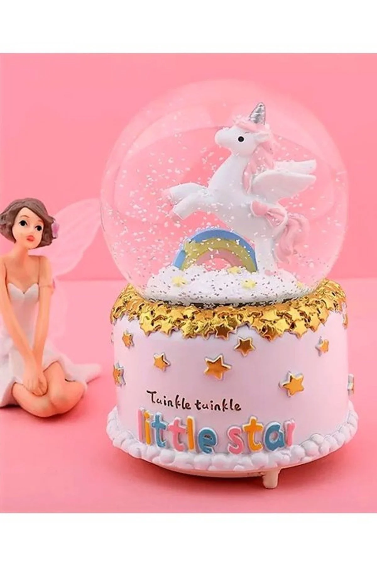 گوی برفی LITTLE STAR RAINBOW UNICORN SNOW GLOBE سایز متوسط با نورهای تغییر رنگ و دانه برف موسیقی از ترکیه Zemtigo