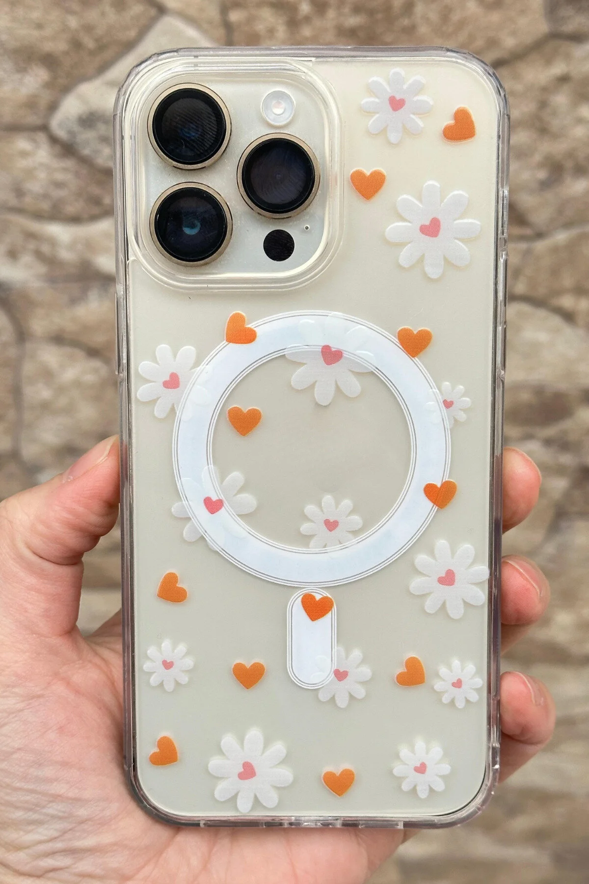کاور و قاب IPHONE 16 PRO TRANSPARENT MAGSAFE DAISY PATTERNED WIRELESS V MAGS CASE با پشتیبانی از شارژ بی سیم Vip Case