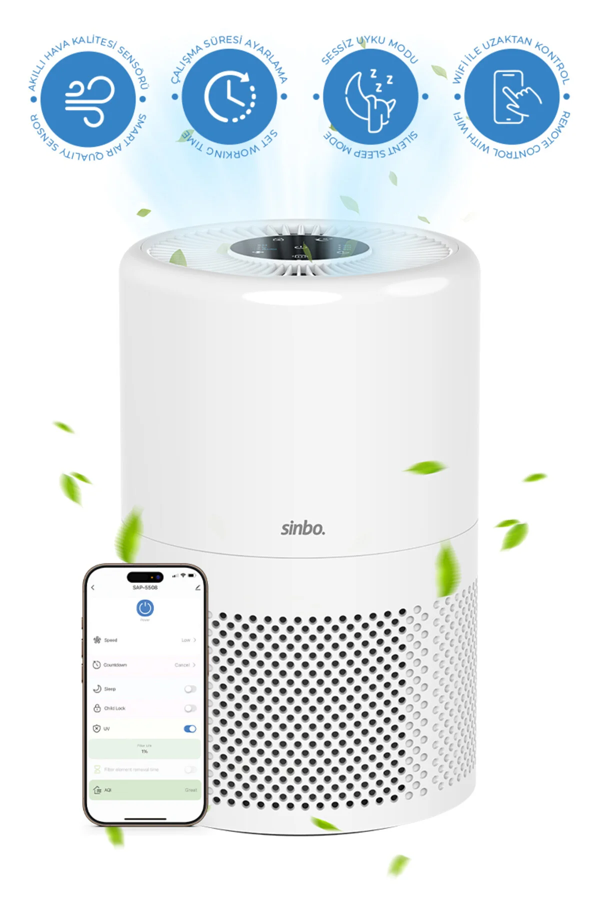 تصفیه کننده هوا دستگاه SAP 5508 SMART H13 WIFI با فیلتر هپا اورجینال Sinbo