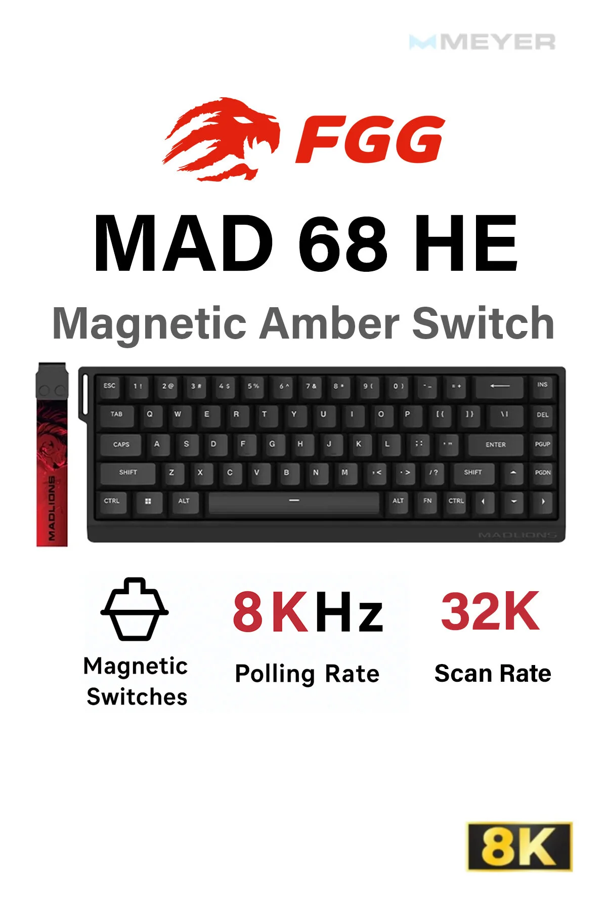 کیبورد مخصوص بازی MADLIONS HAL EFFECT HALL FICE RAPID TRIGGER 8K صفحه کلید مکانیکی سوئیچ مغناطیسی Meyer Gaming