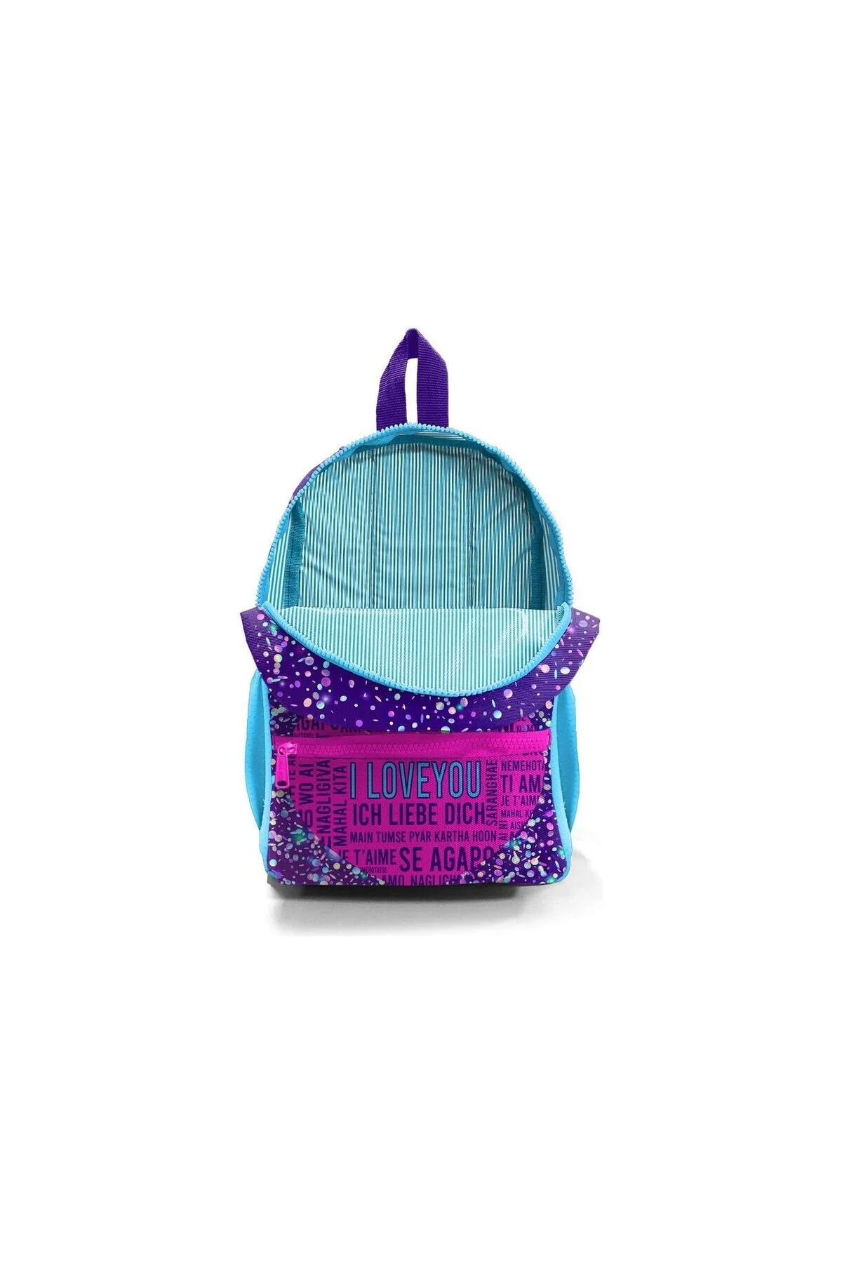 کیف مدرسه کوله پشتی MINIK YUVA بنفش آبی صورتی قلب طرح دار دو محفظه 23540 Coral High