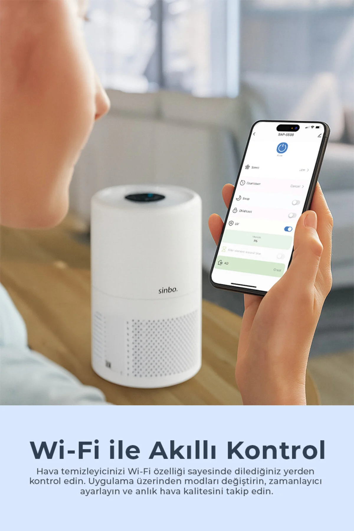 تصفیه کننده هوا دستگاه SAP 5508 SMART H13 WIFI با فیلتر هپا اورجینال Sinbo
