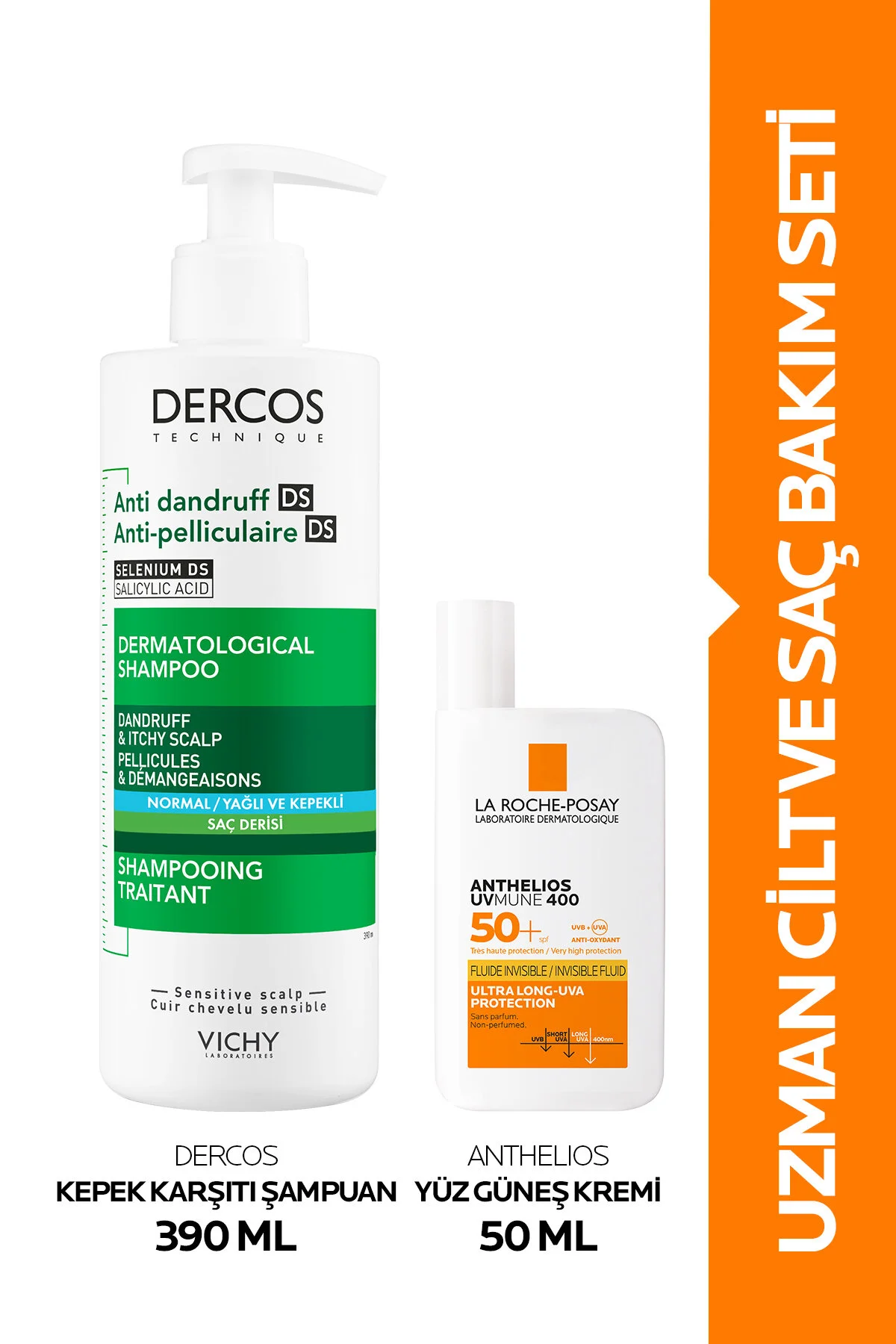 ست کرم ضد آفتاب مجموعه مراقبت از مو و پوست متخصص: ANTHELIOS FACE SSTANSCREEN 50 میل شامپو دیندروف 390 La Roche Posay