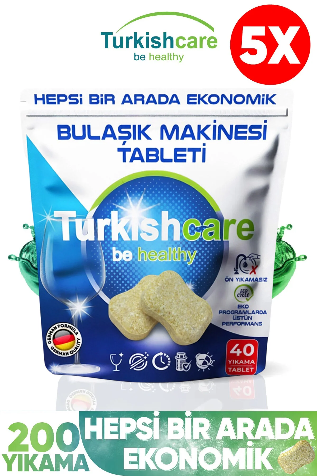 قرص و پودر ماشین ظرفشویی 5 بسته از مواد شوینده اقتصادی پریمیوم 200 قطعه Turkishcare