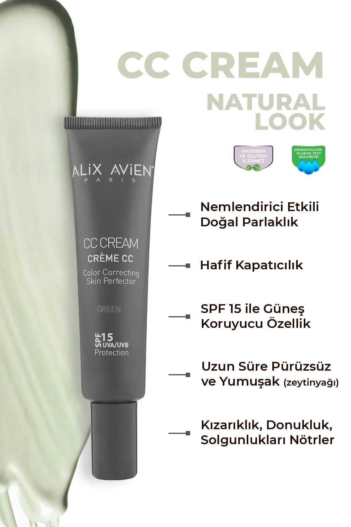 Alix Avien رژیم کننده رنگی CC کرم سبز کرم CC سبز SPF 15 UVB/UVA 40 میلی لیتر