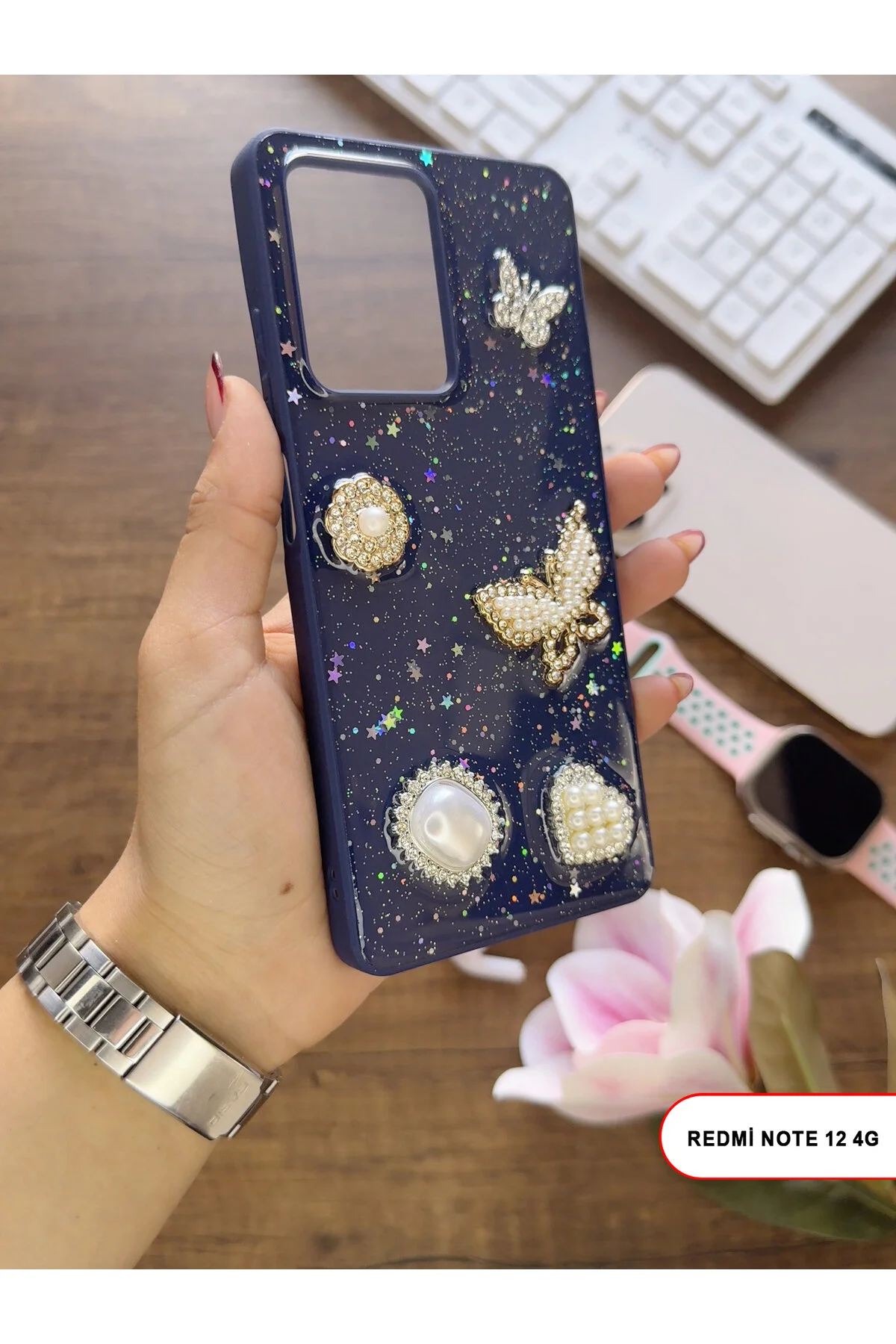 کاور و قاب گوشی سیلیکونی WISH سازگار REDMI NOTE 12 با سنگ پروانه قلب نقره‌ای MTL