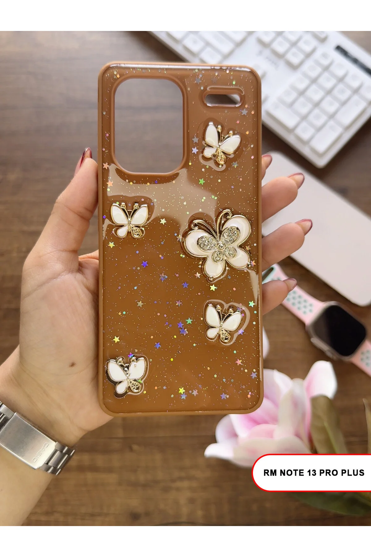 کاور و قاب گوشی سیلیکونی WISH با سنگ پروانه قلب نقره ای سازگار REDMI NOTE 13 PRO PLUS MTL