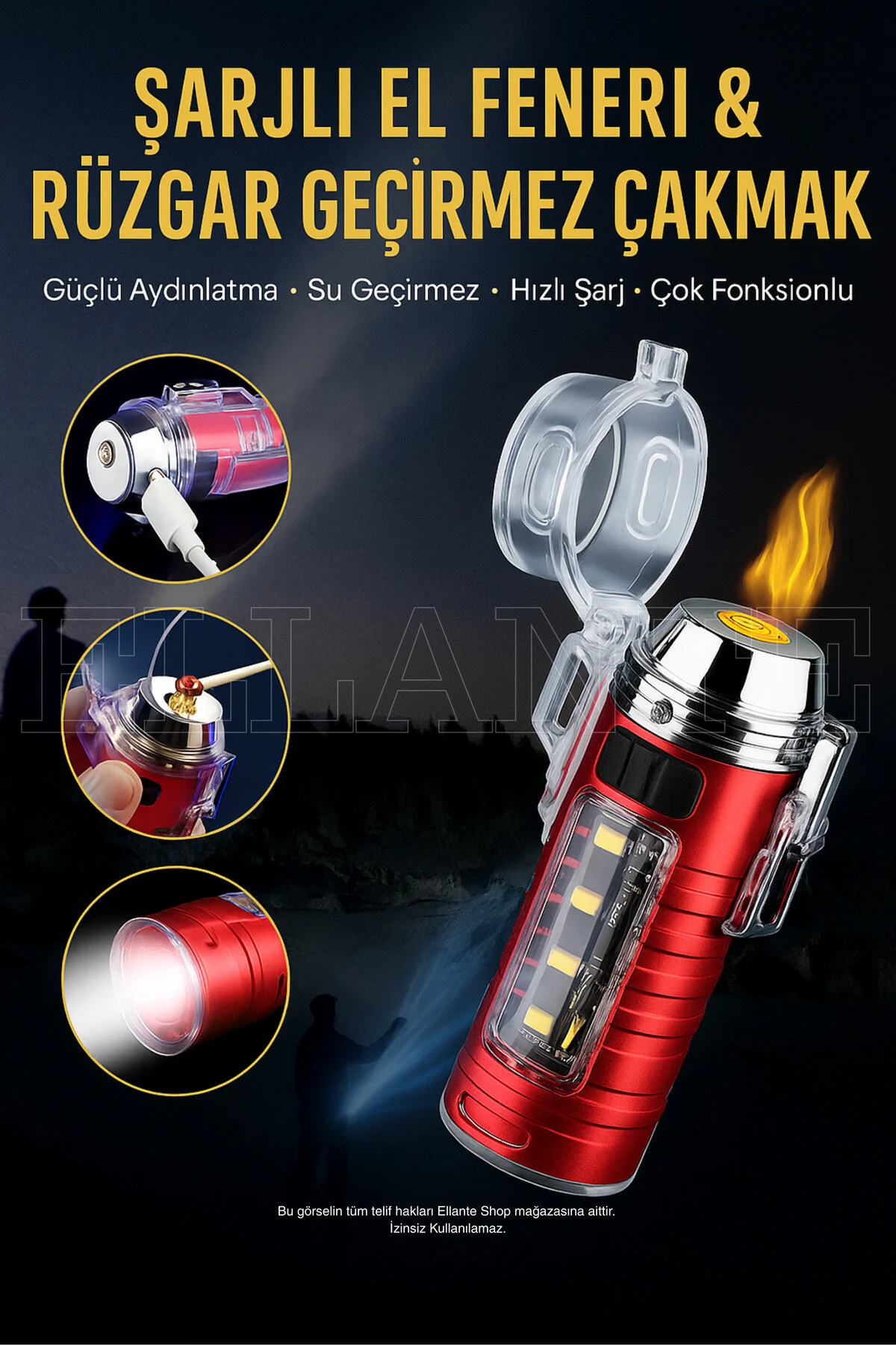 چراغ قوه LED شارژ چند منظوره و فندک برقی ضد باد ellante