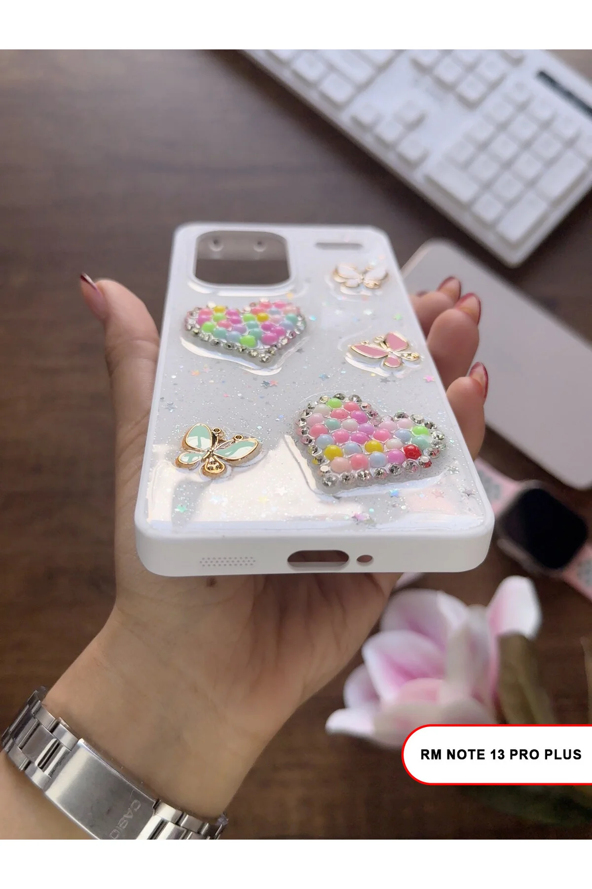 کاور و قاب گوشی سیلیکونی WISH با سنگ پروانه قلب نقره ای سازگار REDMI NOTE 13 PRO PLUS MTL
