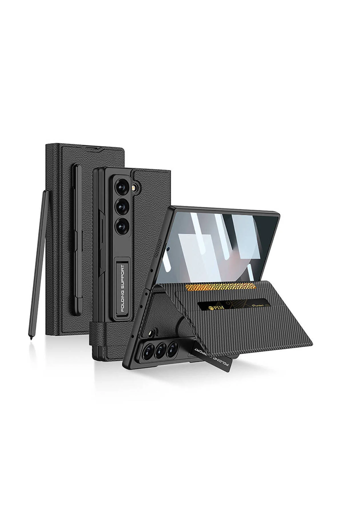 کاور و قاب روکش چرم مصنوعی GALAXY Z FOLD 6 با محفظه قلم پایه نگهدارنده کارت KIPTA لیچی مشکی ECRUZ