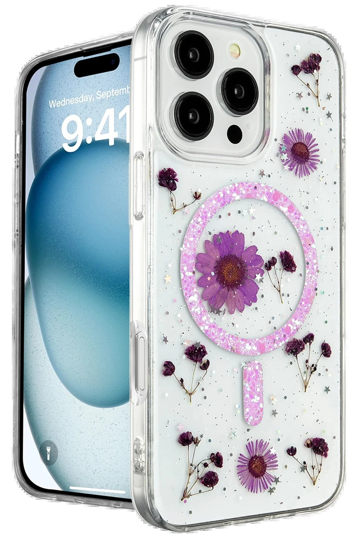 کاور و قاب IPHONE 16 PRO CASE DAISY GLITTER MAGSAFE COVER بنفش NAJMADDIN7103 Najmaddin