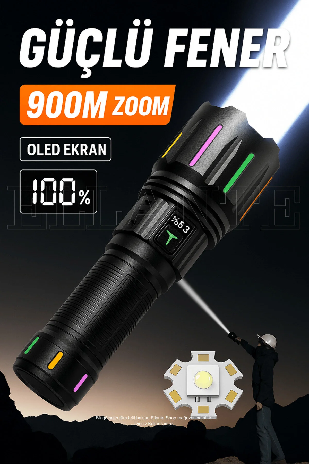 چراغ قوه LED قابل شارژ 900 متر بزرگنمایی صفحه نمایش OLED 5 حالت باتری 12.000 میلی آمپر ساعتی ellante