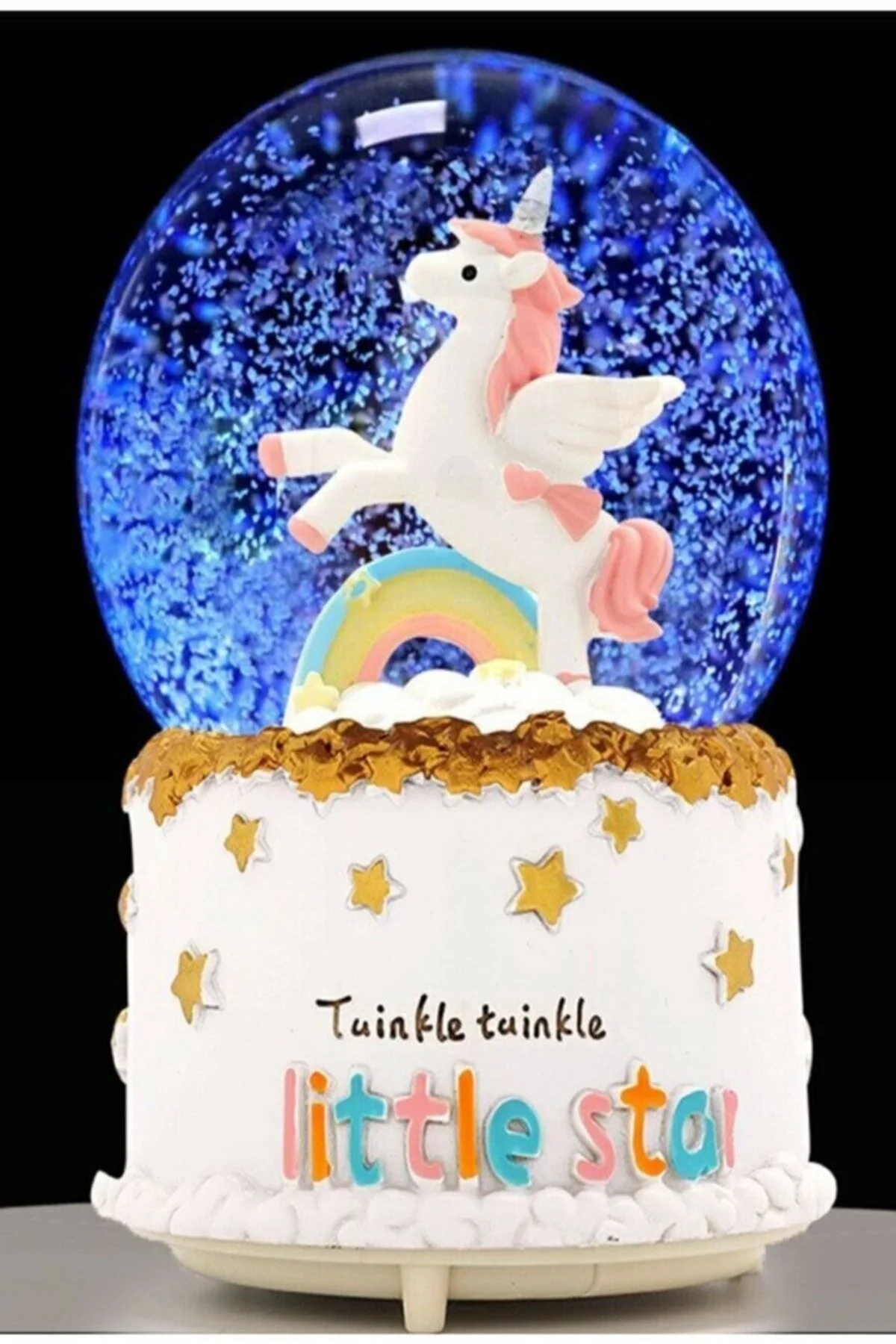 گوی برفی LITTLE STAR RAINBOW UNICORN SNOW GLOBE سایز متوسط با نورهای تغییر رنگ و دانه برف موسیقی از ترکیه Zemtigo