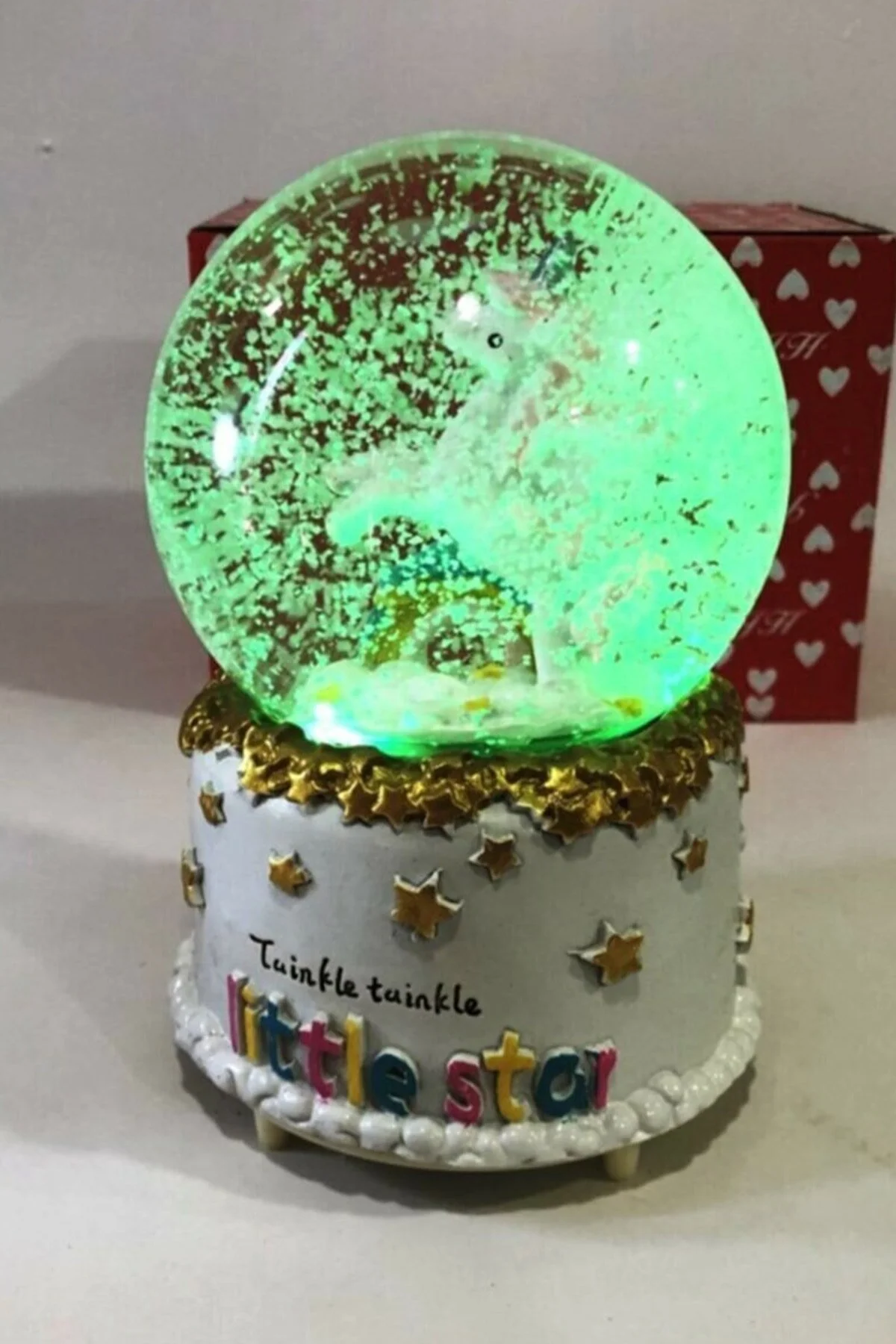 گوی برفی LITTLE STAR RAINBOW UNICORN SNOW GLOBE سایز متوسط با نورهای تغییر رنگ و دانه برف موسیقی از ترکیه Zemtigo