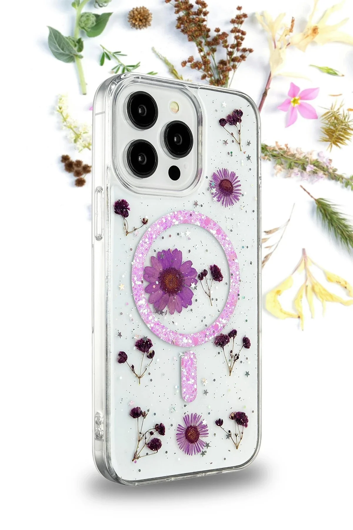 کاور و قاب IPHONE 16 PRO CASE DAISY GLITTER MAGSAFE COVER بنفش NAJMADDIN7103 Najmaddin