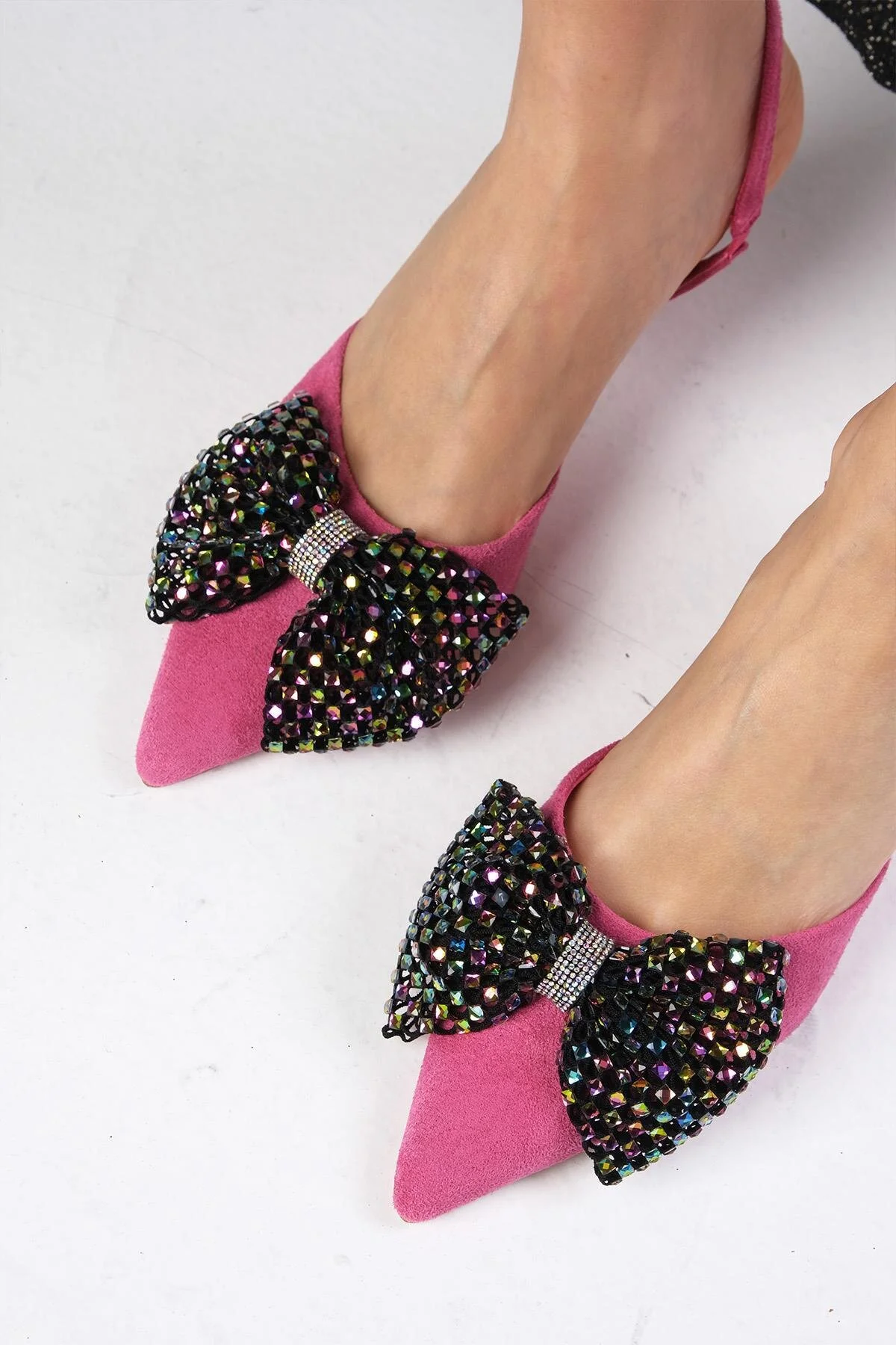 کفش مجلسی صورتی زنانه ملودی Fuchsia Color Suede Bow Back Party Open Mio Gusto