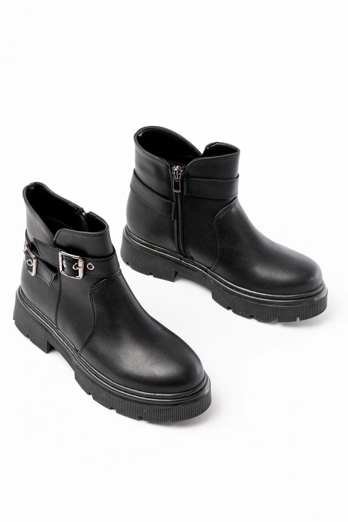 چکمه و بوت های زنانه روزانه زیپ دار 508 اکسسوری سگک مشکی Mida Shoes