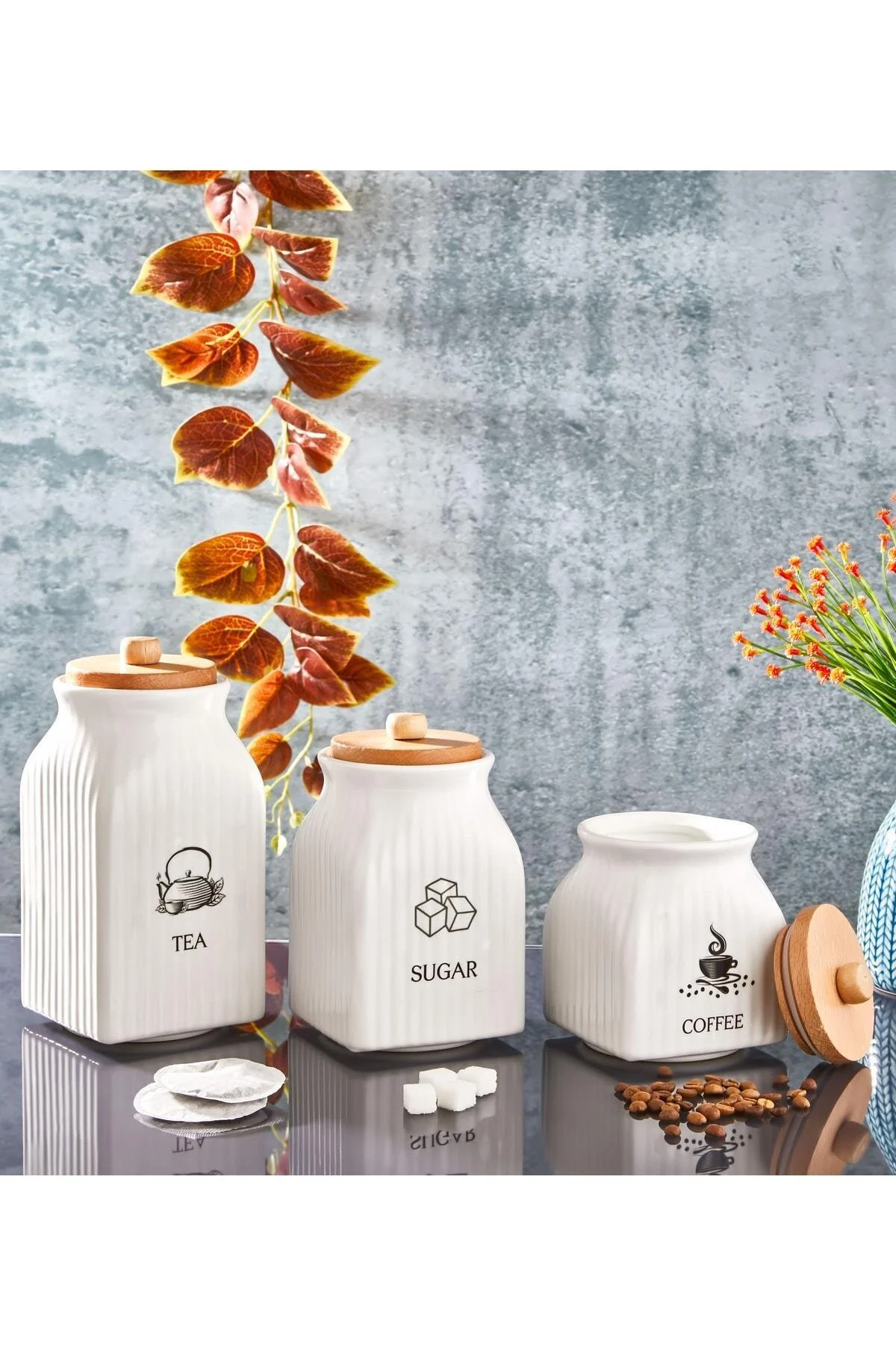 بانکه ادویه سفید 3 'LU خلاء چوبی شیشه مجموعه ست های چای نمک قهوه İLİVA
