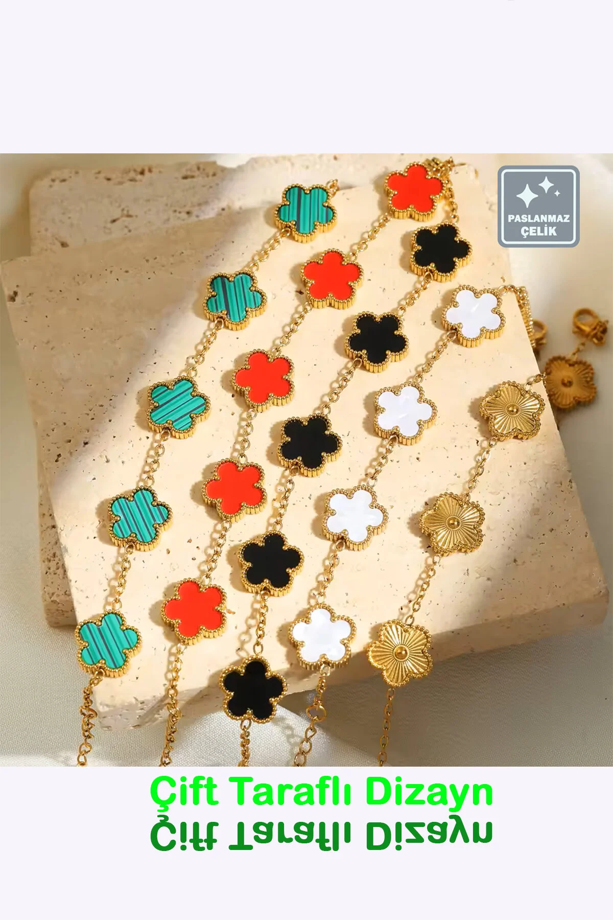 دستبند فولادی 🍀دستبند استیل شبدر 4 برگی 🎨 طرح 1 ریز طلا Miss TBee