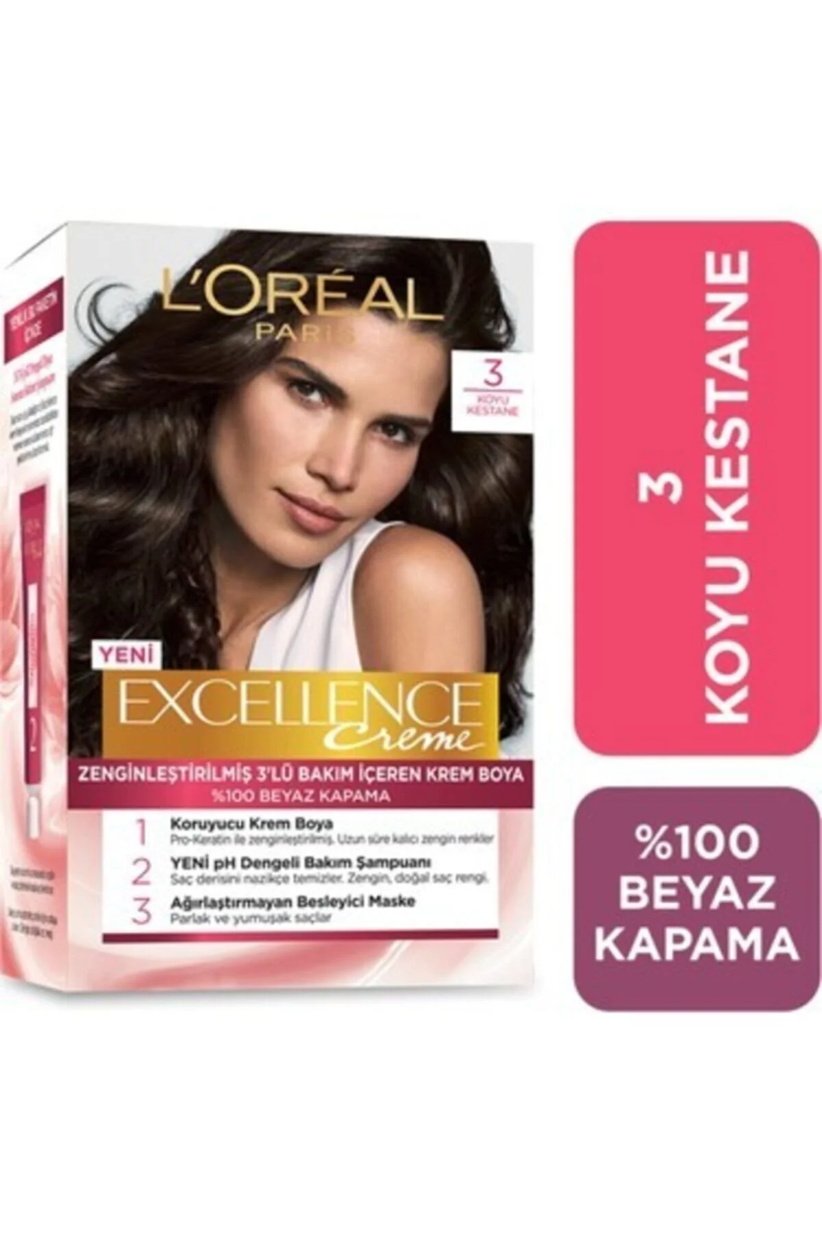 L'Oreal Paris رنگ مو کرم 100% پوشش موهای سفید Excellence رنگ شاه بلوطی تیره شماره 3