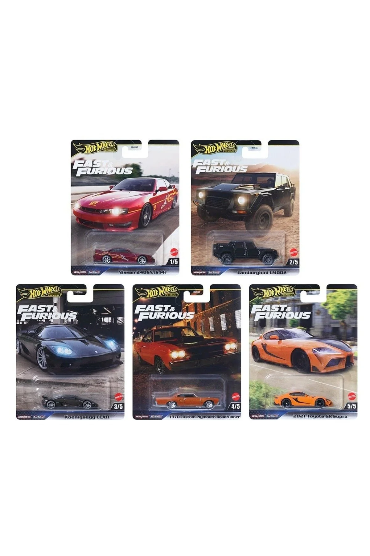 ماشین اسباب بازی PREMIUM FAST & FURIOUS 5 SET NISSAN 240SX LAMBORGHINI LM002 GR SUPRA 1:64 HOT WHEELS