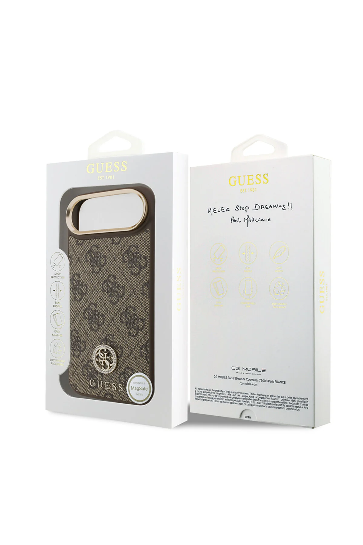 کاور و قاب IPHONE 17 AIR CASE دارای مجوز شارژ M SAFE دوربین طلایی سنگی 4G لوگو قهوه ای Guess