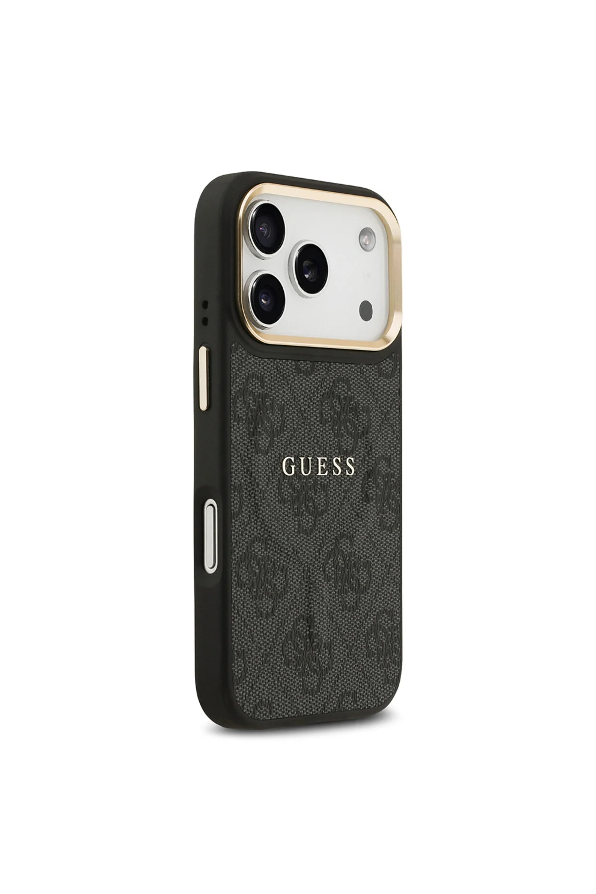 کاور و قاب سازگار با IPHONE 17 PRO دارای مجوز شارژ M SAFE دوربین طلایی چرم PU لوگوی متنی مشکی Guess