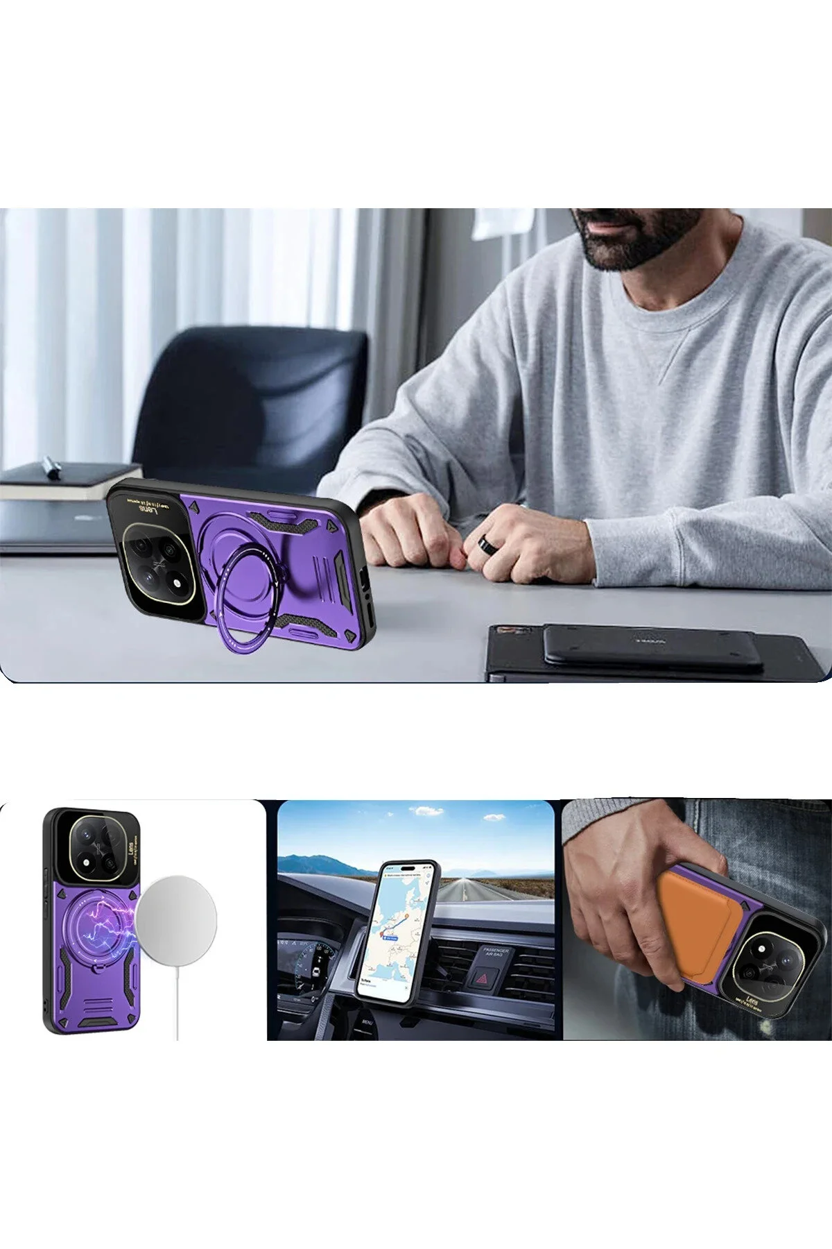 کاور و قاب محافظ REDMI NOTE 14 PRO 5G با لنز دوربین MAGSAFE پشتیبانی از پوشش پایه حلقه چرخان 360 کیپ‌جی‌اس‌ام Kipgsm
