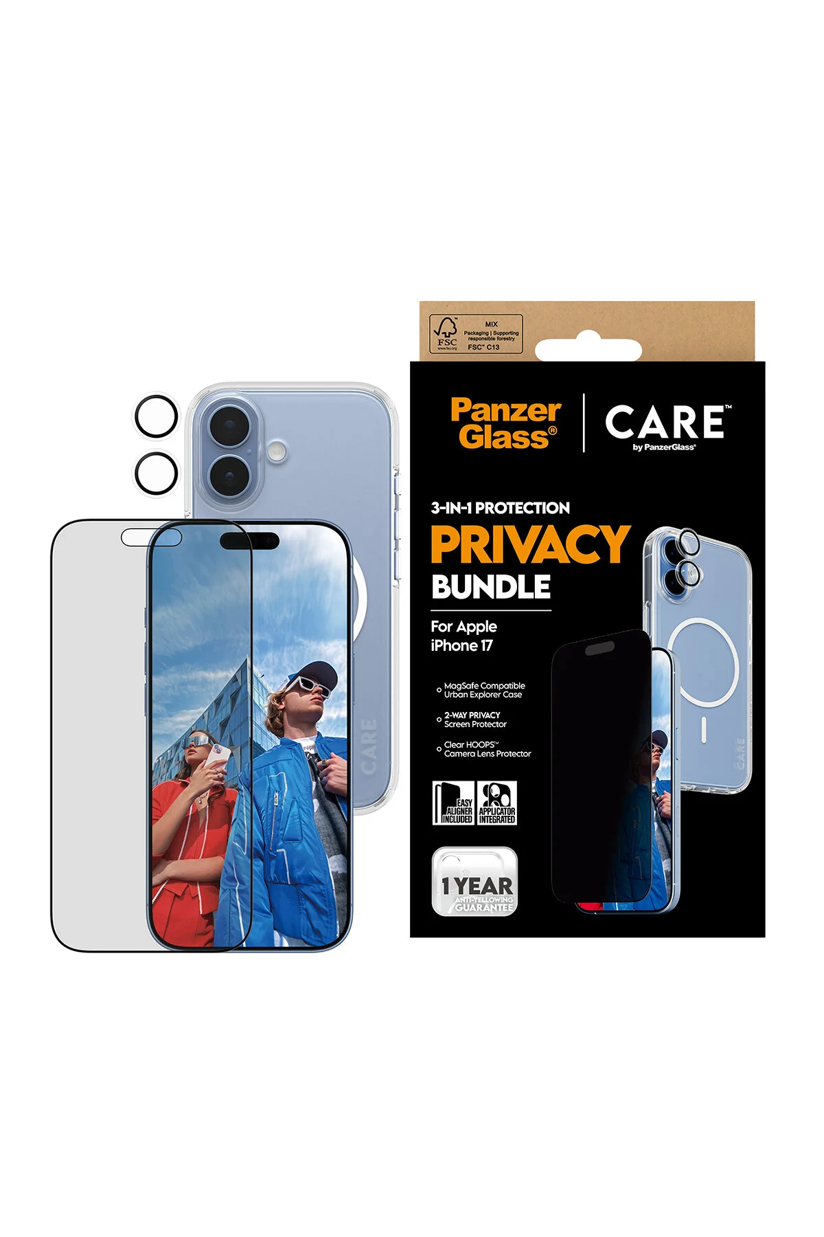 کاور و قاب مجموعه 3 صفحه نمایش مخفی شبح پرچمدار آیفون 17 بسته UWF+CASE+LENS CARE by PanzerGlass®