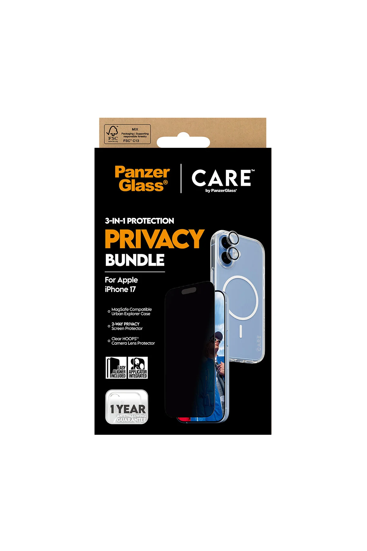کاور و قاب مجموعه 3 صفحه نمایش مخفی شبح پرچمدار آیفون 17 بسته UWF+CASE+LENS CARE by PanzerGlass®