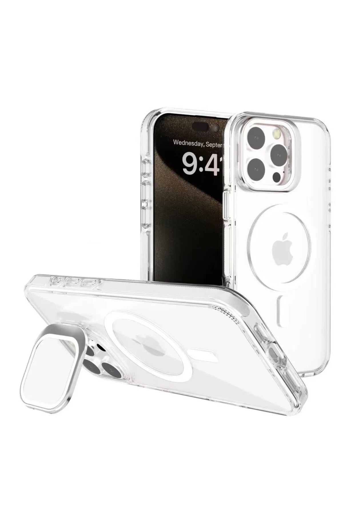 کاور و قاب محافظ APPLE IPHONE 14 سازگار با MAGSAFE شفاف PC+TPU قابل باز شدن روی پایه دوربین کروم safariaksesuar