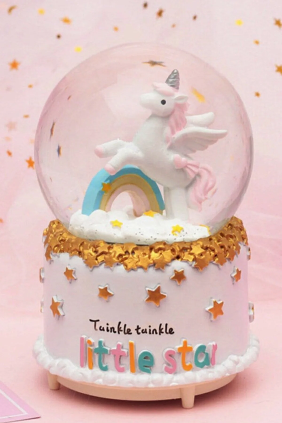 گوی برفی LITTLE STAR RAINBOW UNICORN SNOW GLOBE سایز متوسط با نورهای تغییر رنگ و دانه برف موسیقی از ترکیه Zemtigo