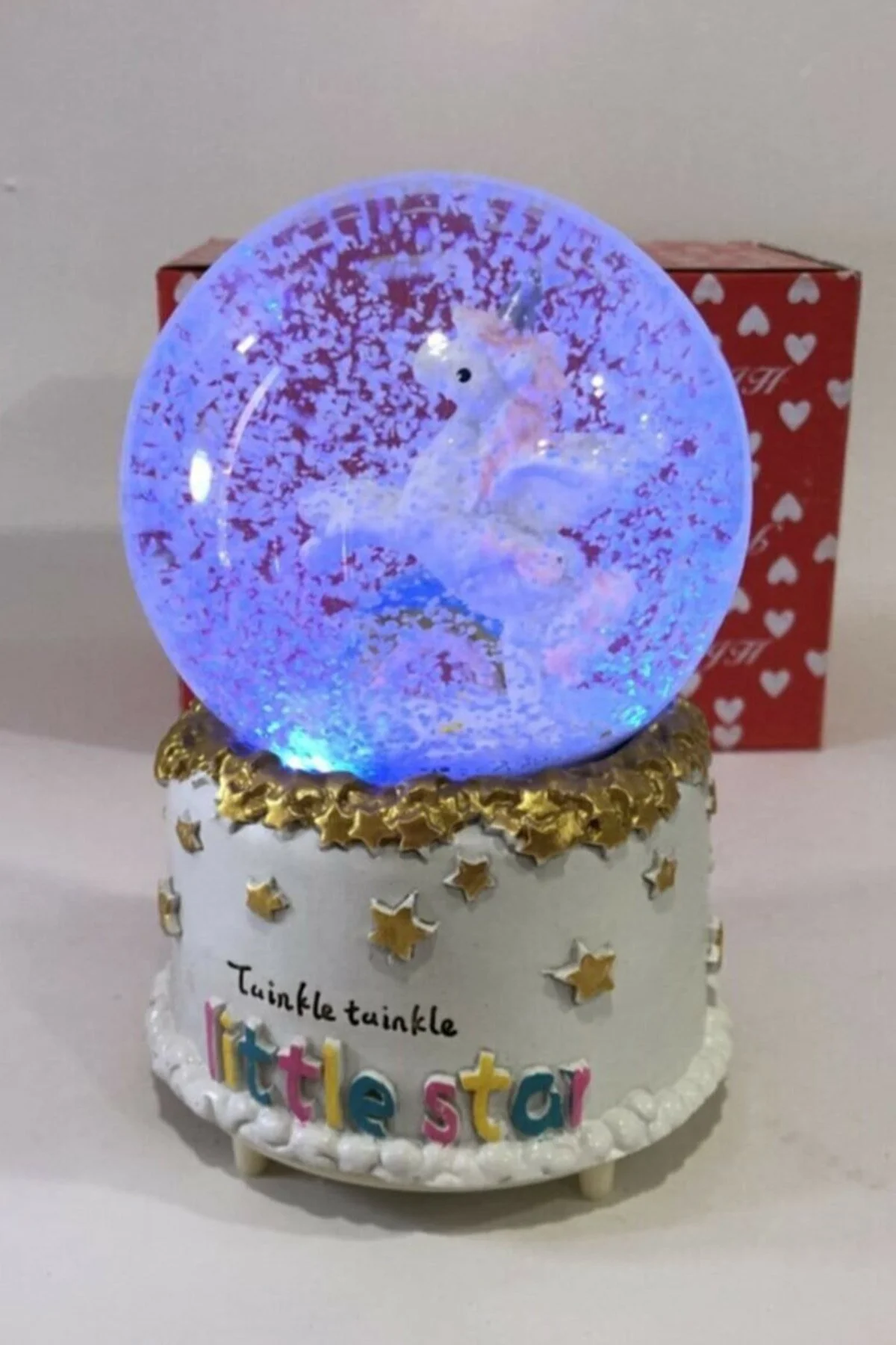 گوی برفی LITTLE STAR RAINBOW UNICORN SNOW GLOBE سایز متوسط با نورهای تغییر رنگ و دانه برف موسیقی از ترکیه Zemtigo