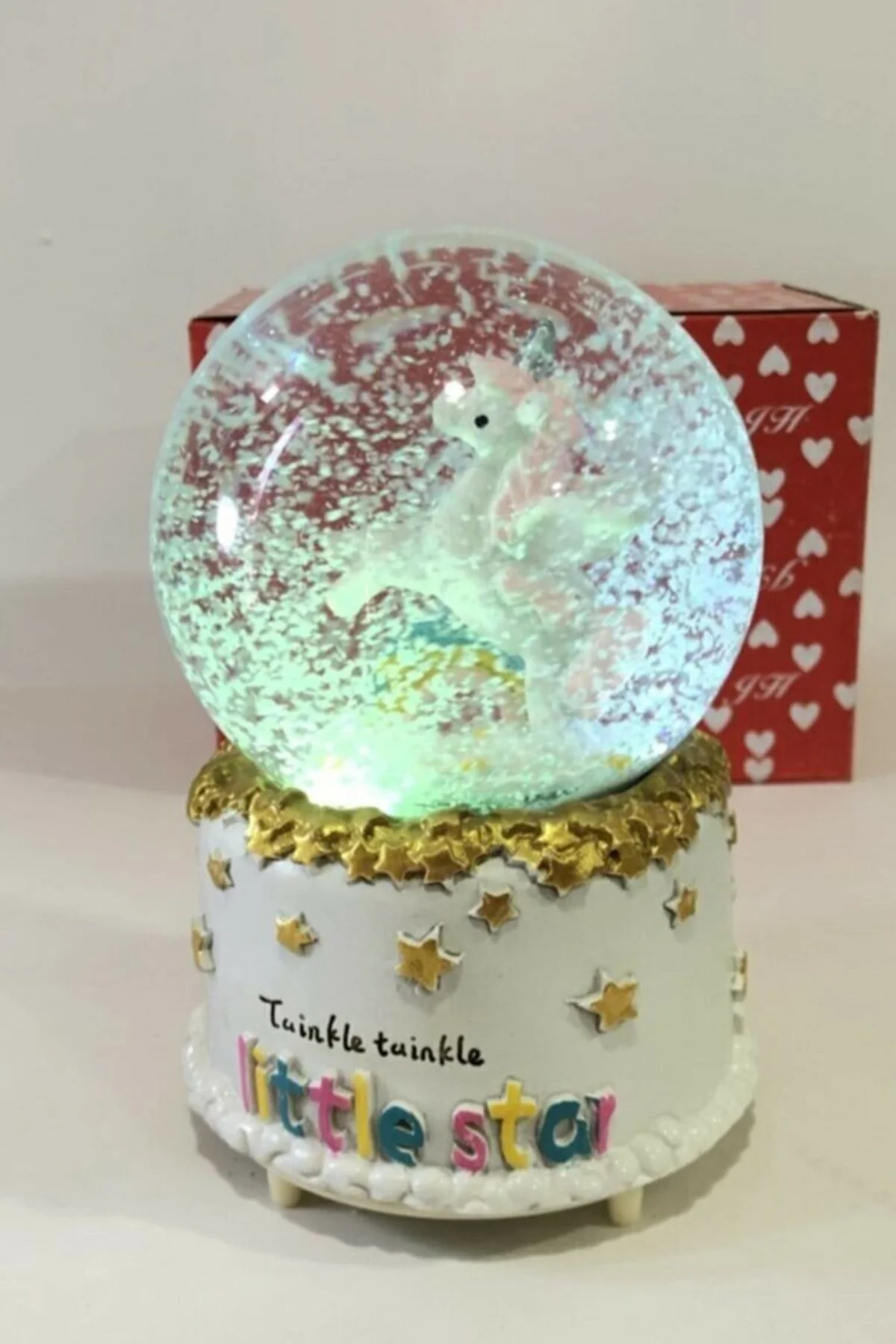 گوی برفی LITTLE STAR RAINBOW UNICORN SNOW GLOBE سایز متوسط با نورهای تغییر رنگ و دانه برف موسیقی از ترکیه Zemtigo