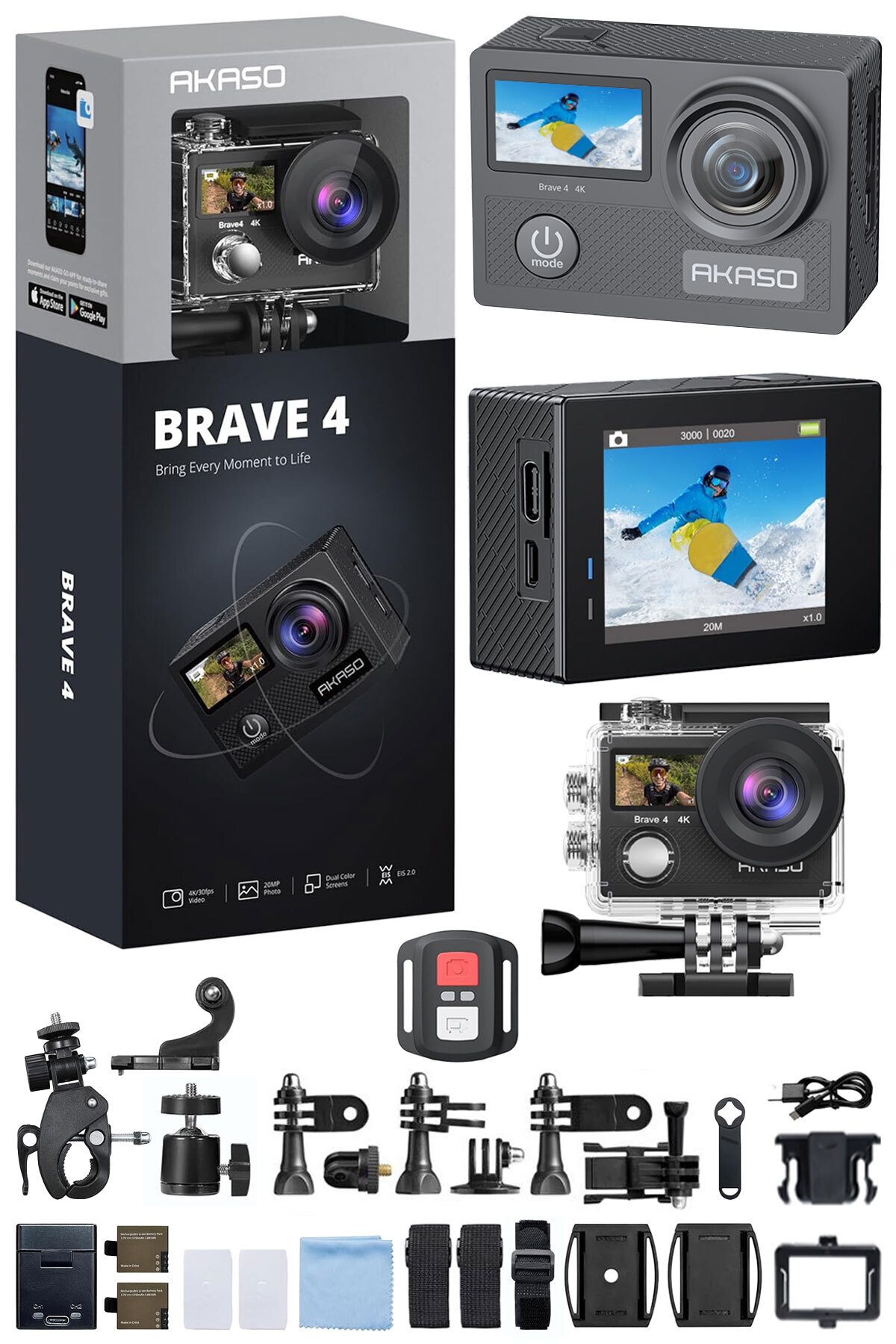 دوربین اکشن BRAVE4 4K 30FPS 20MP وای فای دوگانه و مجموعه لوازم جانبی کنترل برنامه قاب ضد آب AKASO - AKASO - دوربین اکشن