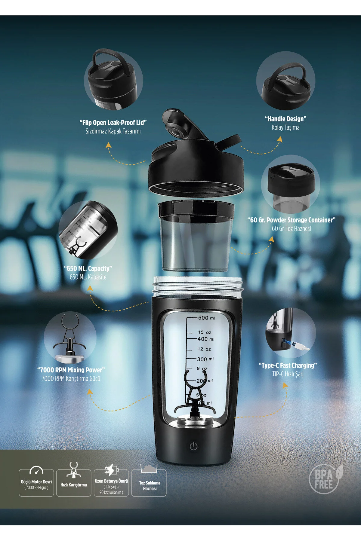 مخلوط کن شخصی 4 شیکر پروتئینی شارژی برقی 650 میلی لیتری مشکی ST 225 اورجینال Stevig