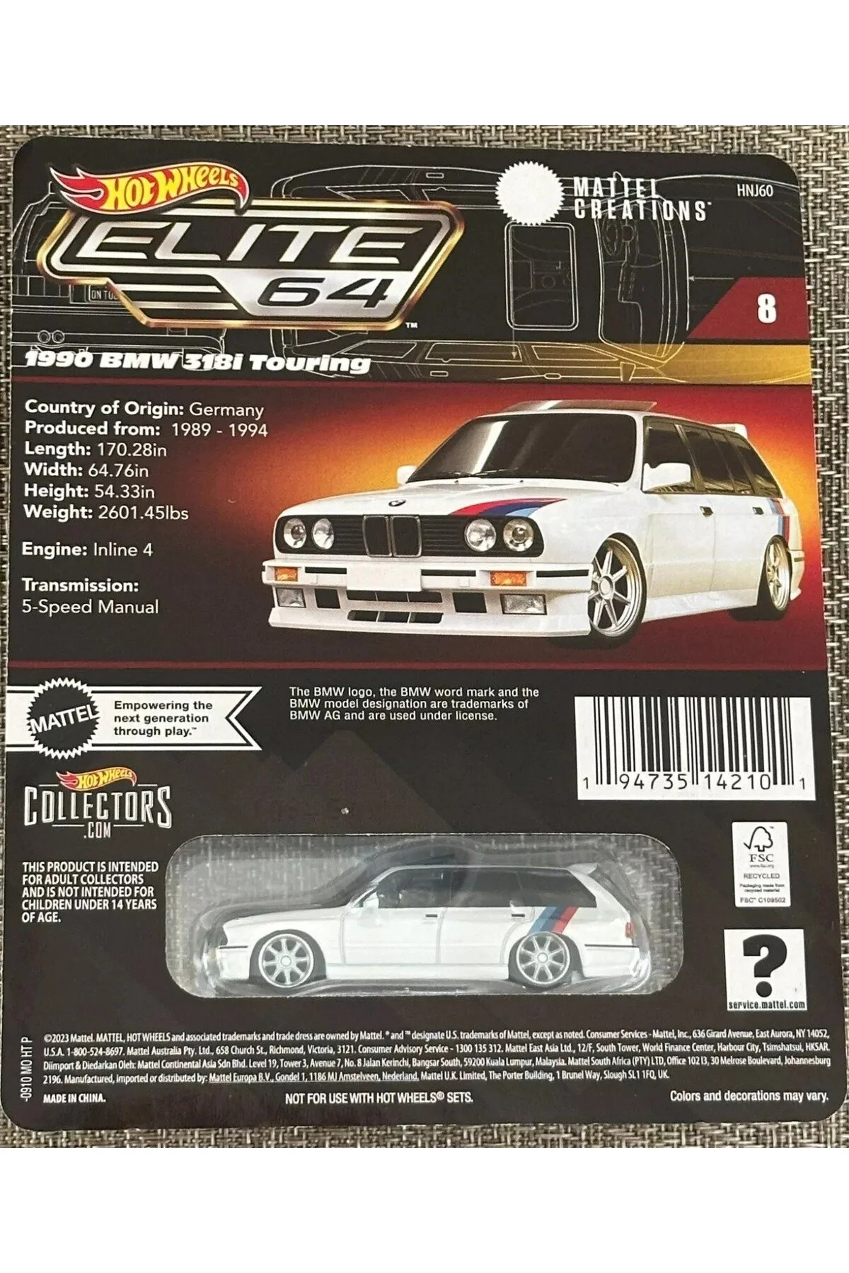 ماشین اسباب بازی نخبگان 64 1990 BMW 318I تور سفید 1:64 مدل DIECAST HOT WHEELS