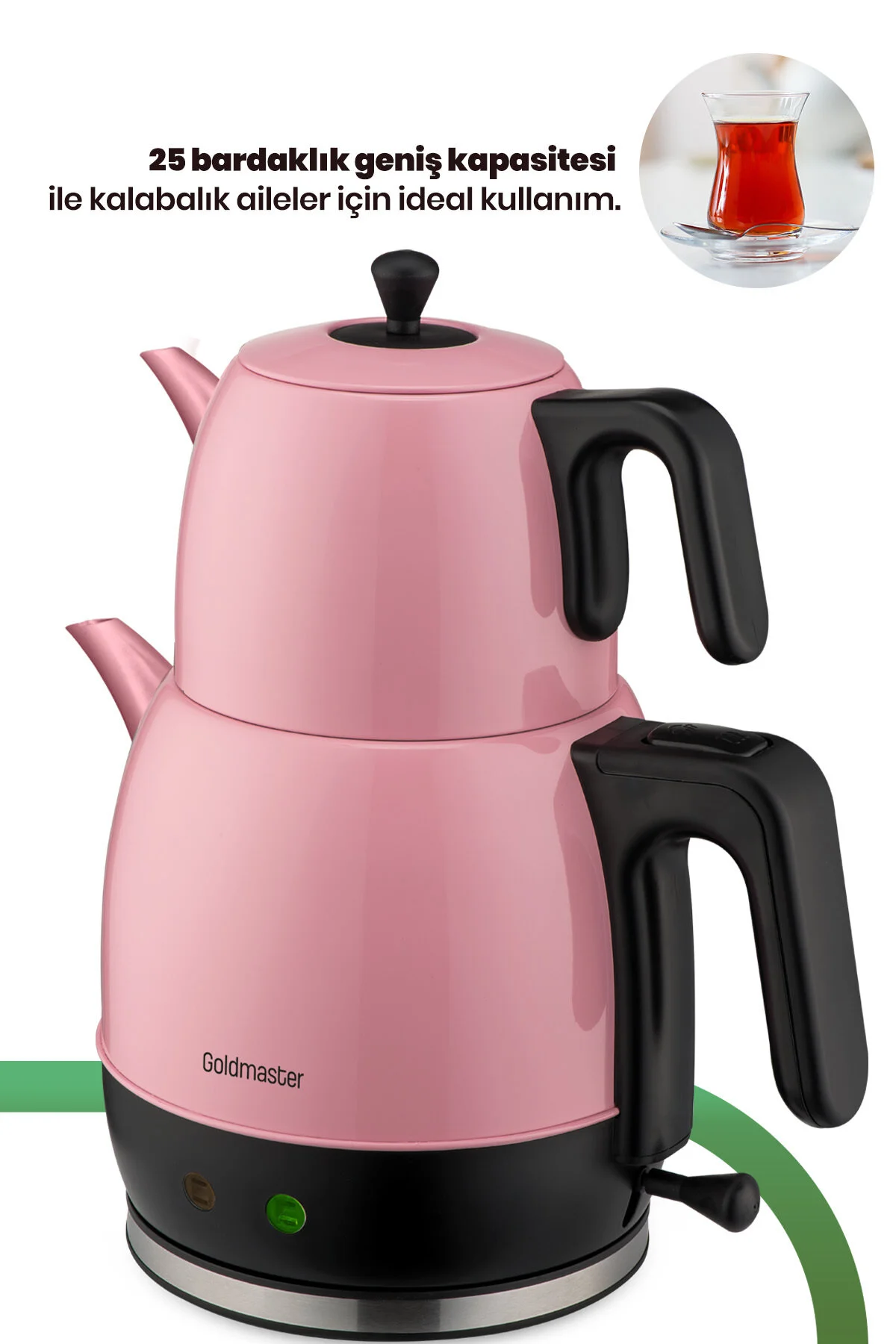 چای ساز و کتری GM7320P از جنس استیل 2200 وات با ظرفیت 30 لیوان صورتی GoldMaster