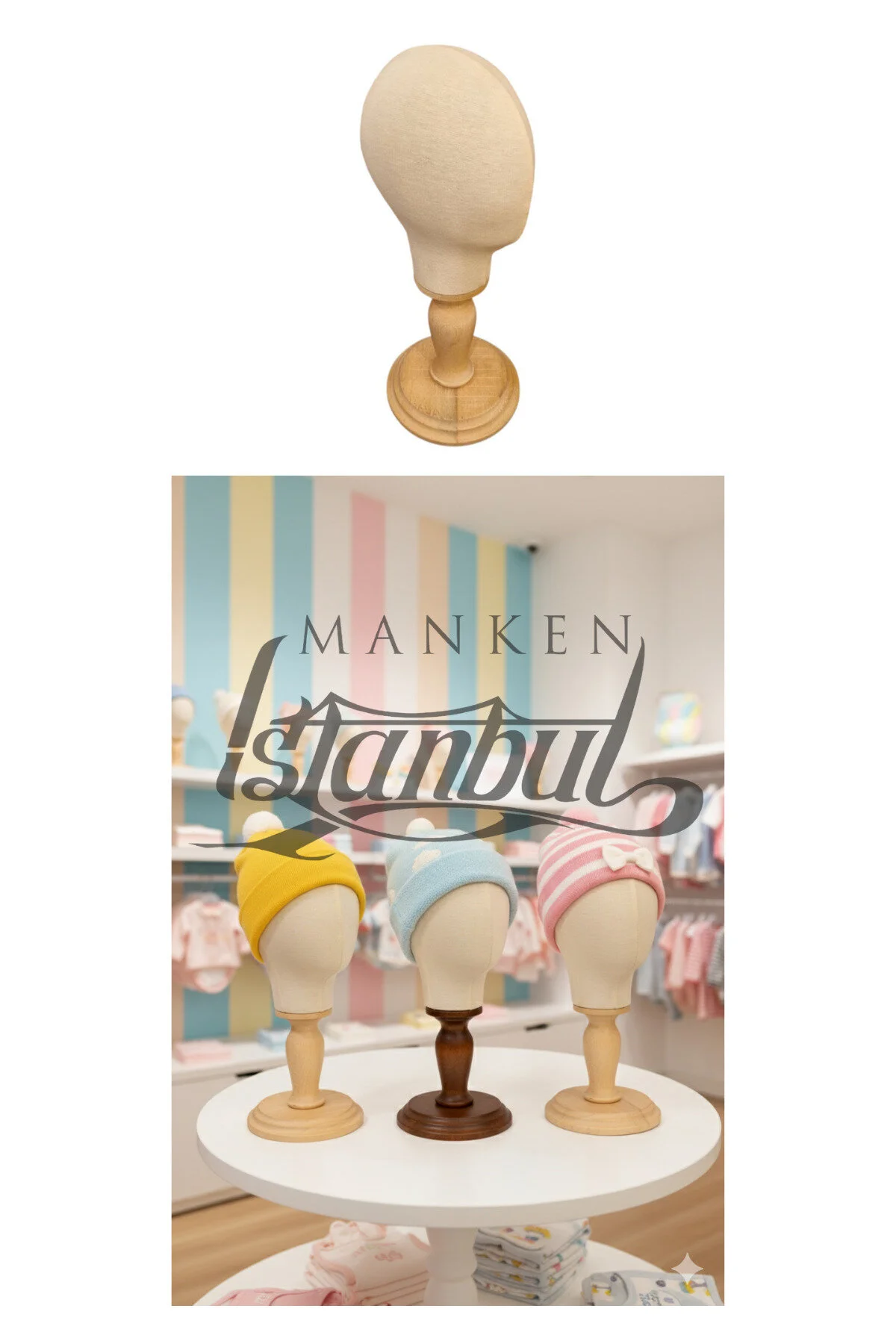 فیگور مانکن سر نوزاد با پایه چوبی کلاه کودک BEANIE مناسب برای 06 ماه تا 12 Manken İstanbul