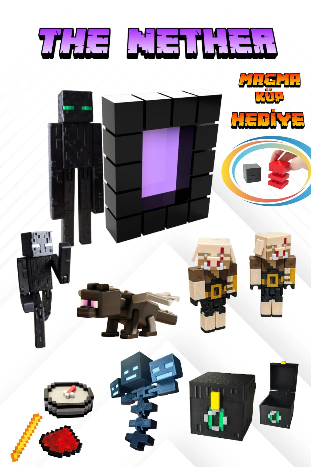 اسباب بازی های فیگور شخصیت مجموعه MINECRAFT THE NETHER 11 PIECES ENDERMAN PORTAL DRAGON WITHER PIGLIN CHEST REDSTONE GiginGo