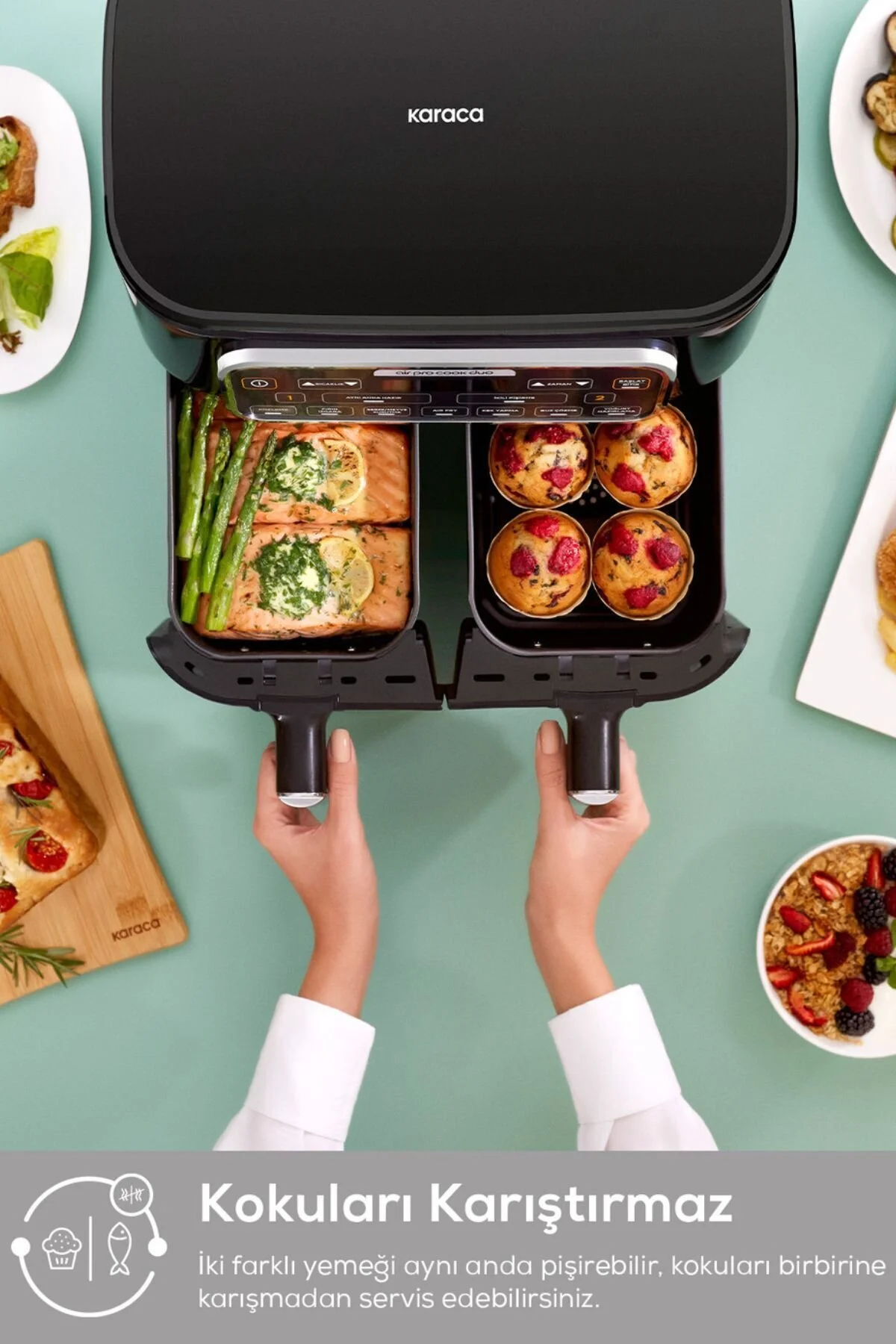 سرخ کن AIR PRO COOK DUO EMBER XXXL 4+4 لیتری AIRFRYER RUBY برای 8 نفر اورجینال Karaca
