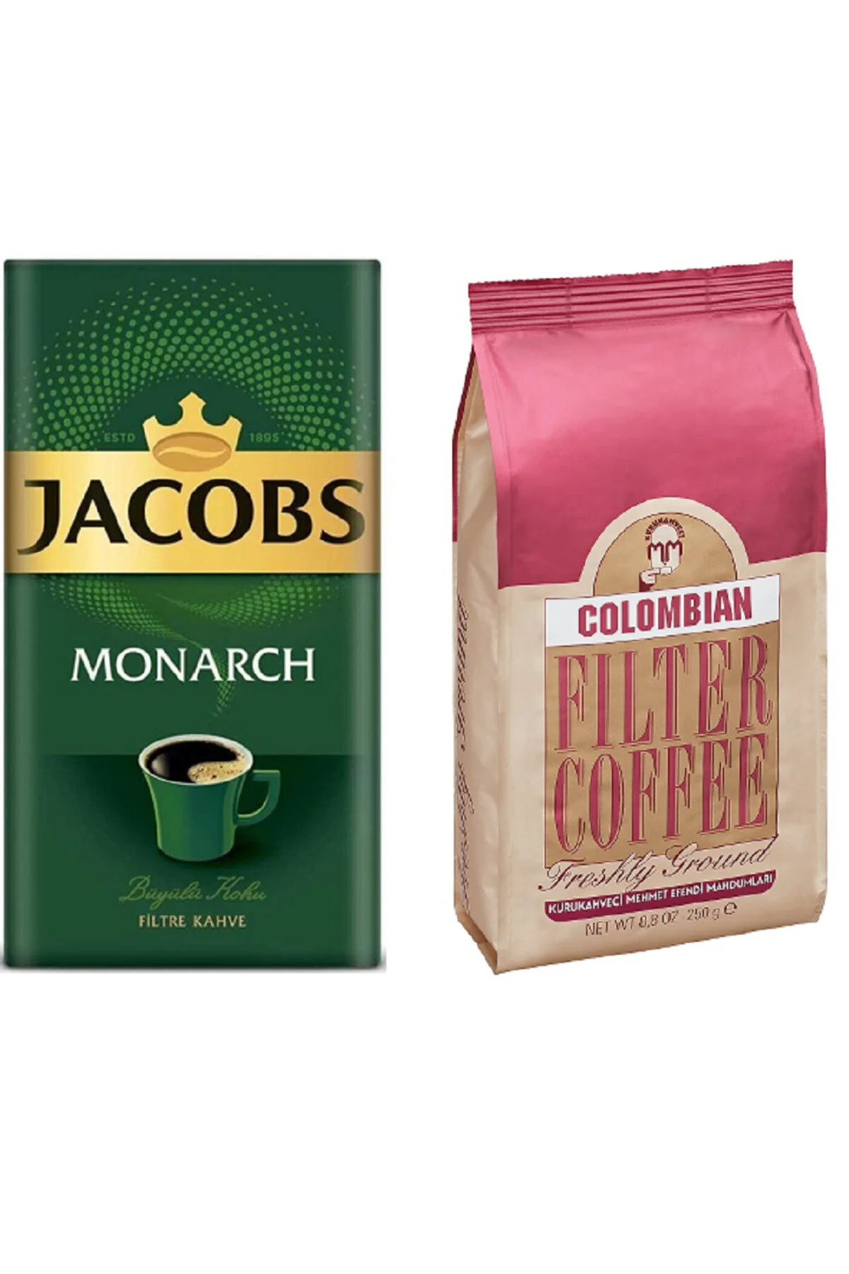 قهوه فیلتر و دانه کامل کلمبیان 250 گرم + JACOBS MONARCH FILTER COFFEE 2 بسته Mehmet Efendi