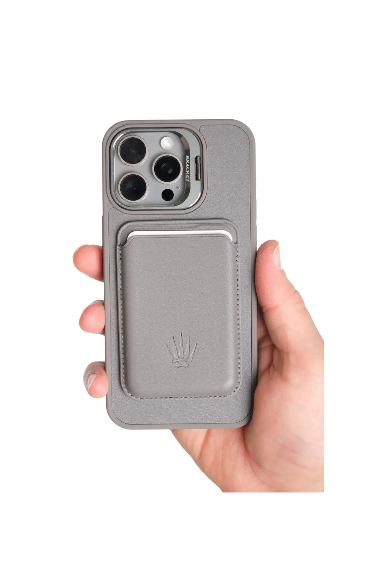 کاور و قاب کیف چرمی پایه مغناطیسی PRIMECASE IPHONE 14 PRO MAX GREY + جای کارت WATCHOFROYAL