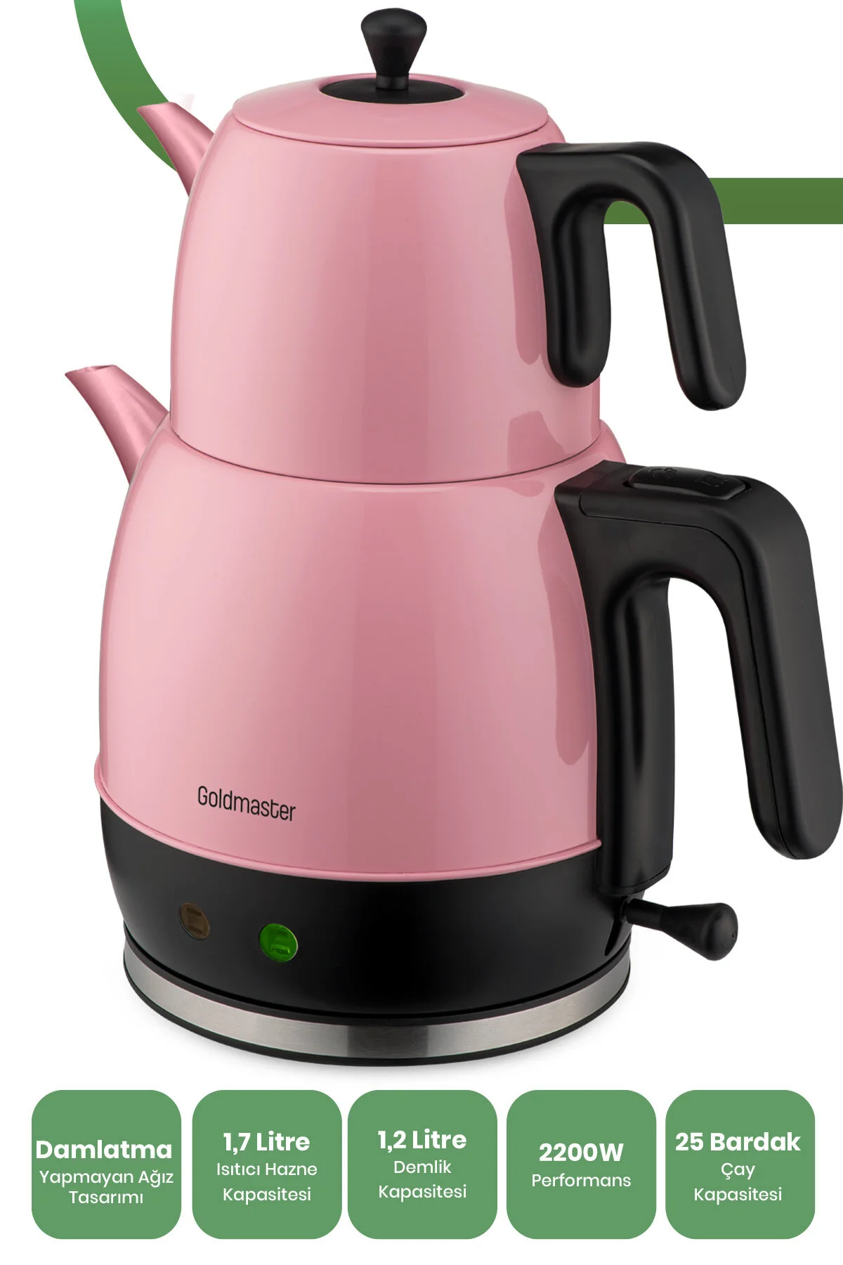 چای ساز و کتری GM7320P از جنس استیل 2200 وات با ظرفیت 30 لیوان صورتی GoldMaster