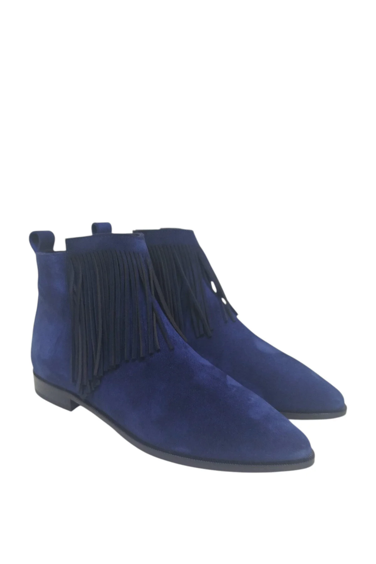 چکمه و بوت کفش زنانه چرم طبیعی آبی با کفی نوک تیز زیپ منگوله مچ پا DRY DRY SHOES
