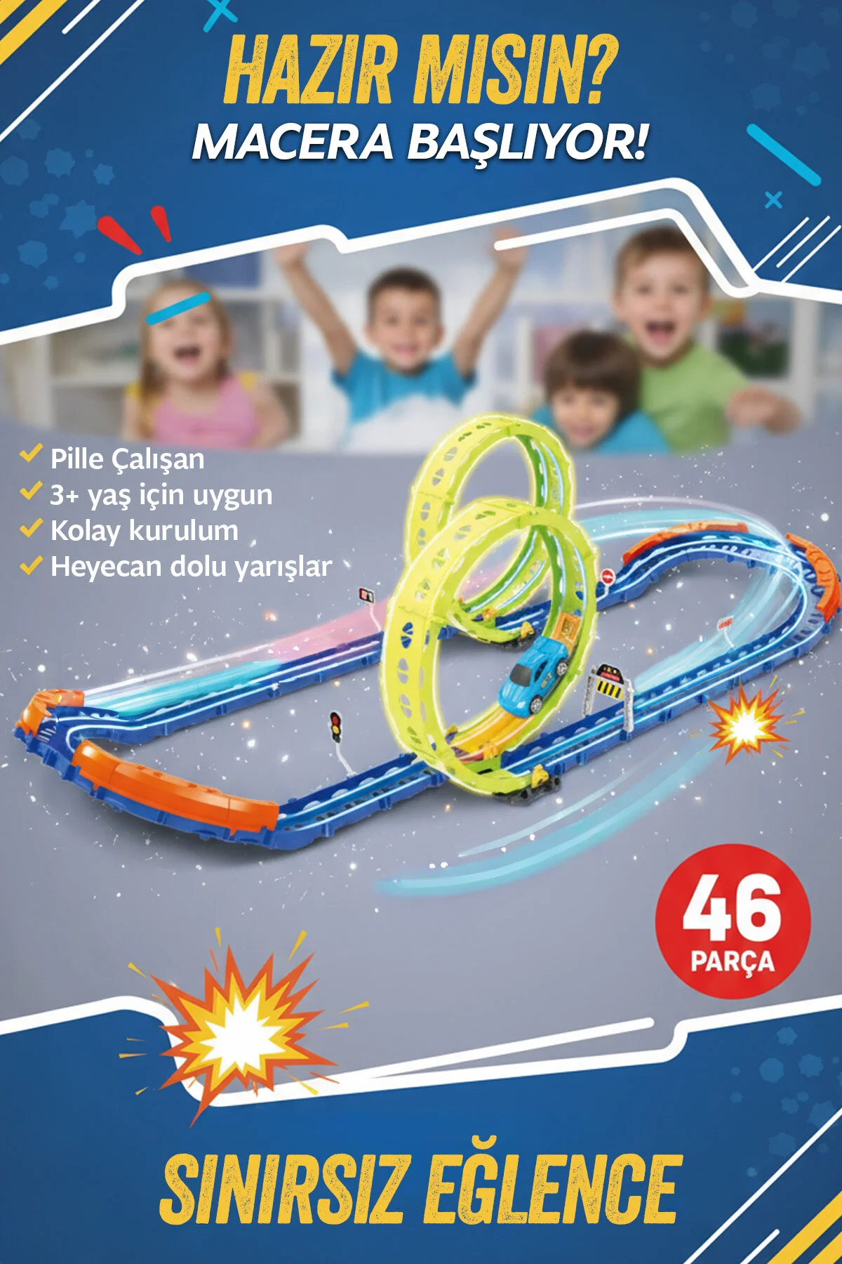 ماشین اسباب بازی مجموعه مسیر مسابقه پیست GLOW SPEED – 46 قطعه – چراغ دوگانه سرعت HAK İŞ OYUNCAK