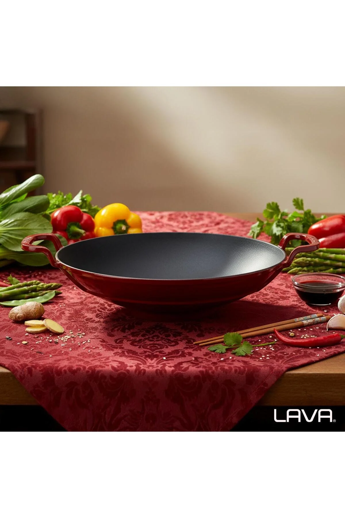 تابه ریخته گری گرد ووک چدن جامد دو دسته قطر Ø 38 سانتی متر کلارت قرمز Lava