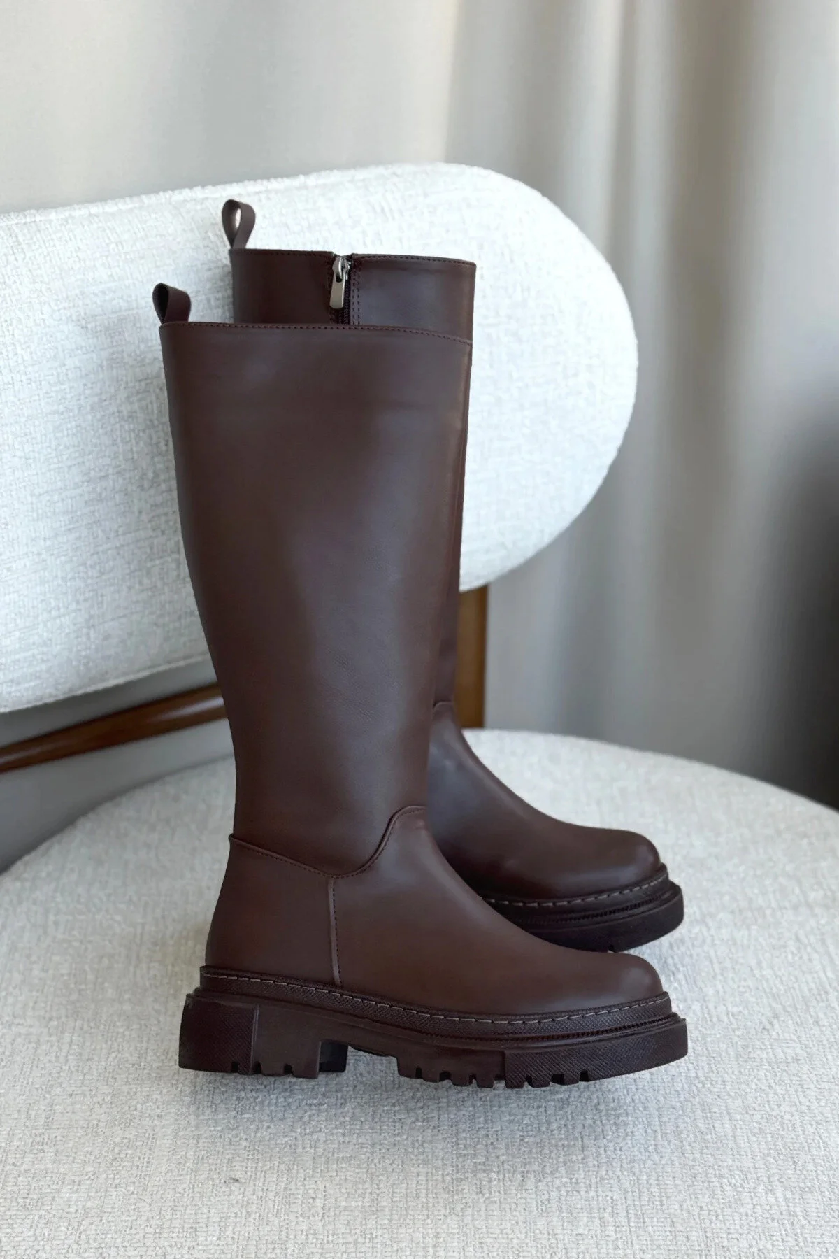 چکمه های چرم زیر زانو ضخیم کیمبر زنانه قهوه ای چرمی GOFFSHOES