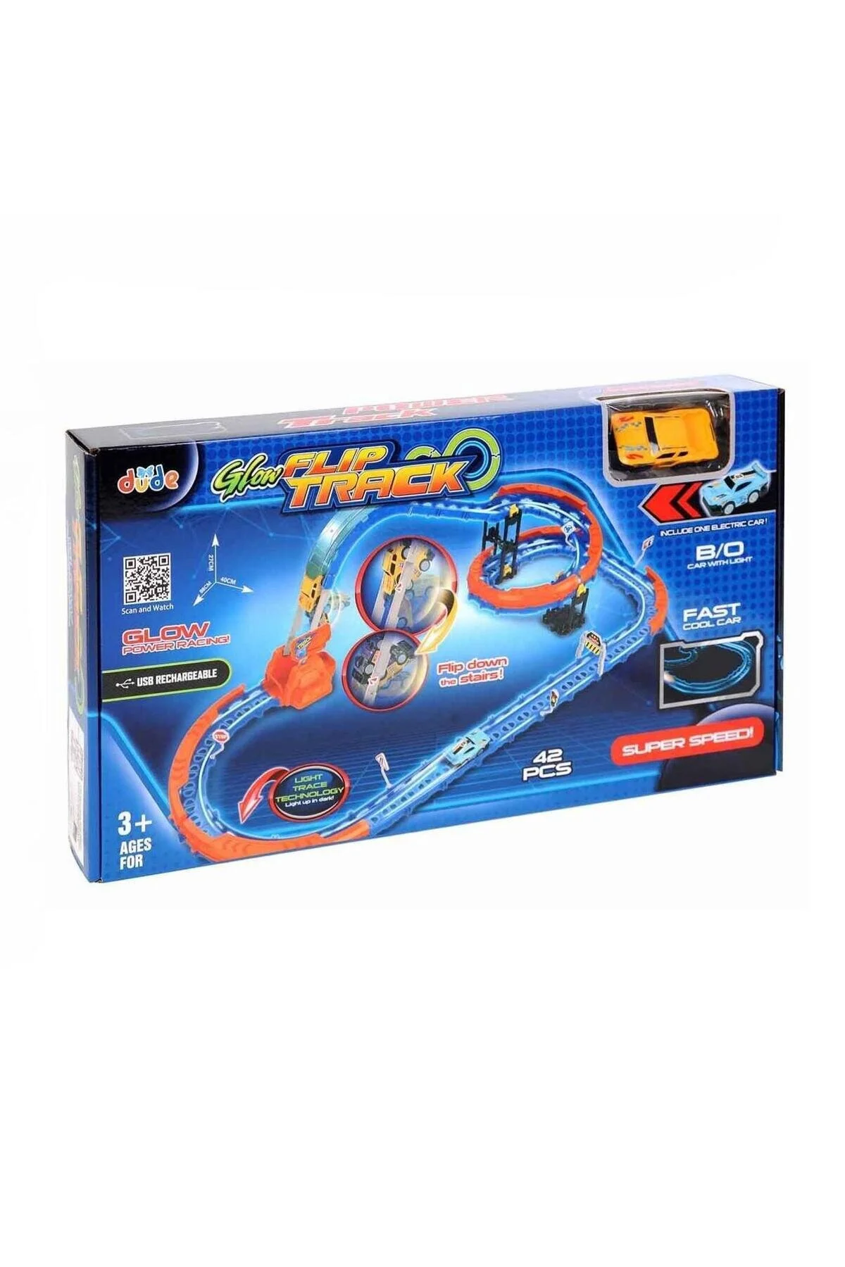 ماشین اسباب بازی مجموعه پیست مسابقه GLOW FLIP TRACK – 42 عددی سریع با چراغ رمپ مارپیچ شارژر USB HAK İŞ OYUNCAK