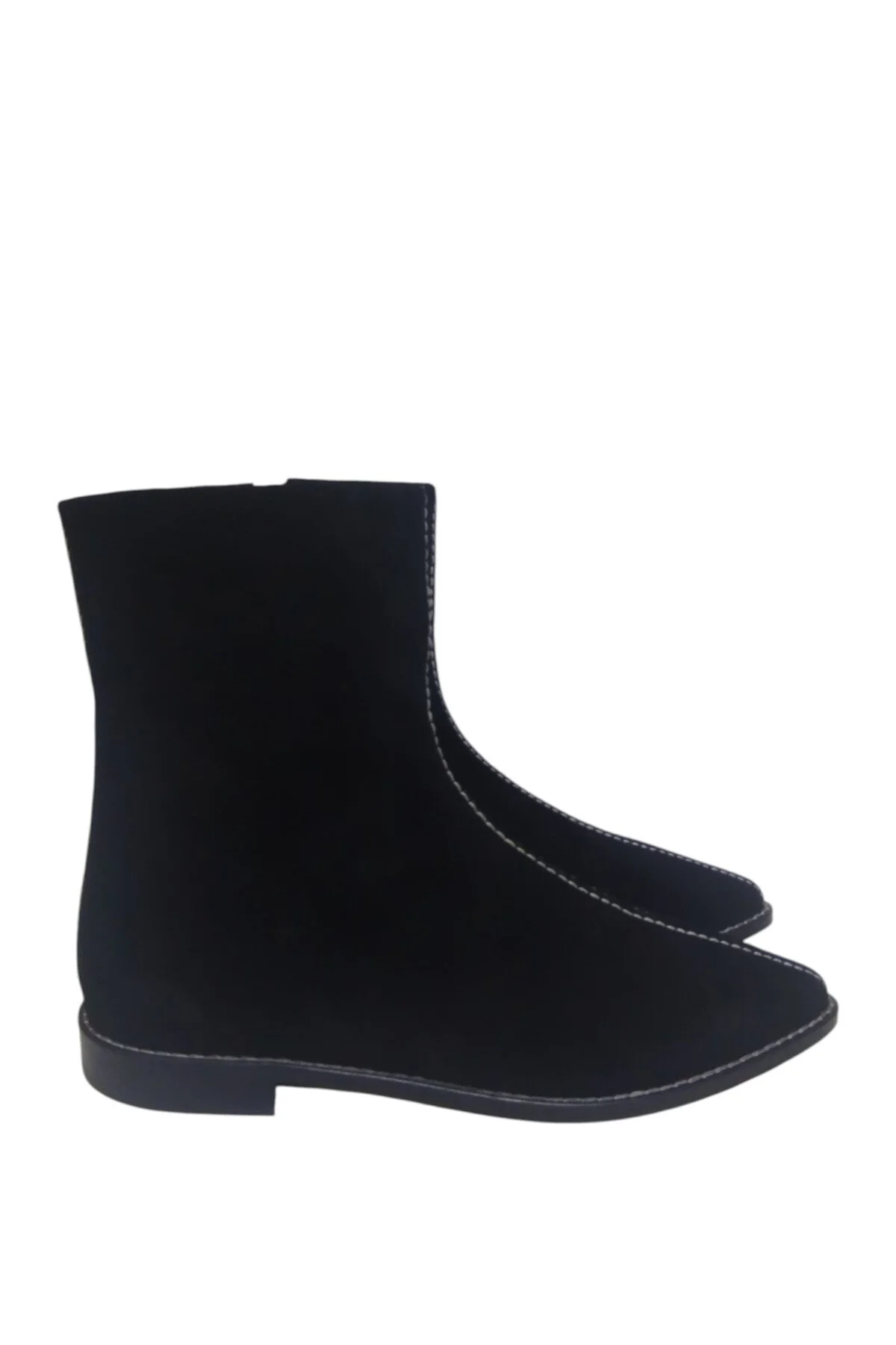چکمه و بوت کفش زنانه جیر مشکی چرم اصل با زیپ جلو نوک تیز زیره صاف دوخت DRY AD DRY SHOES